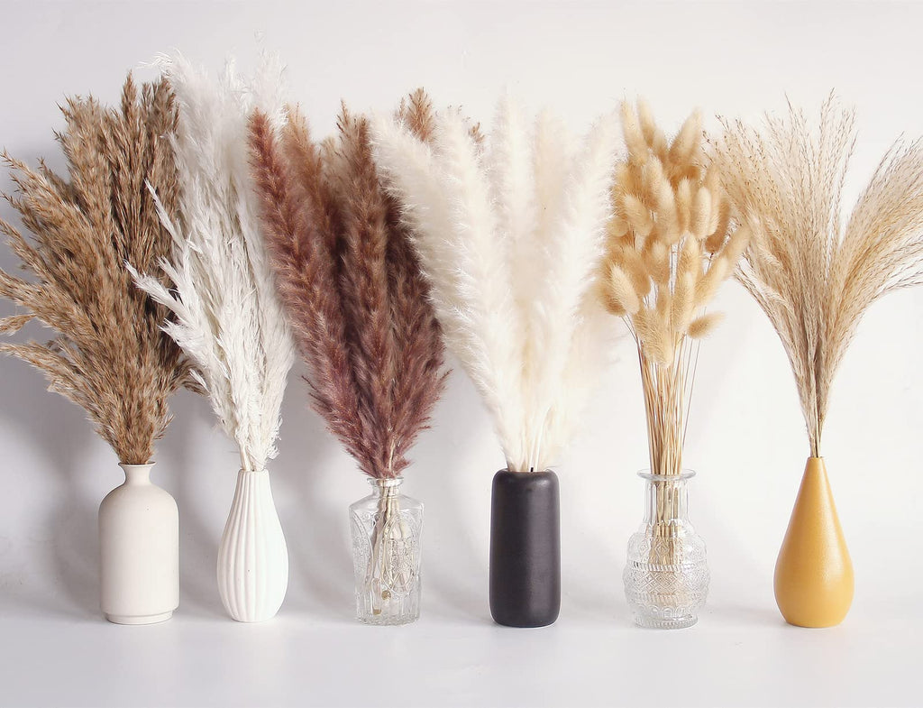 110 Pcs Dried Pampas Grass Bouquet, Boho Table Decor, Bunny Tails Dried Flowers, Brown Pompas, White Pampas Grass For Wedding, H