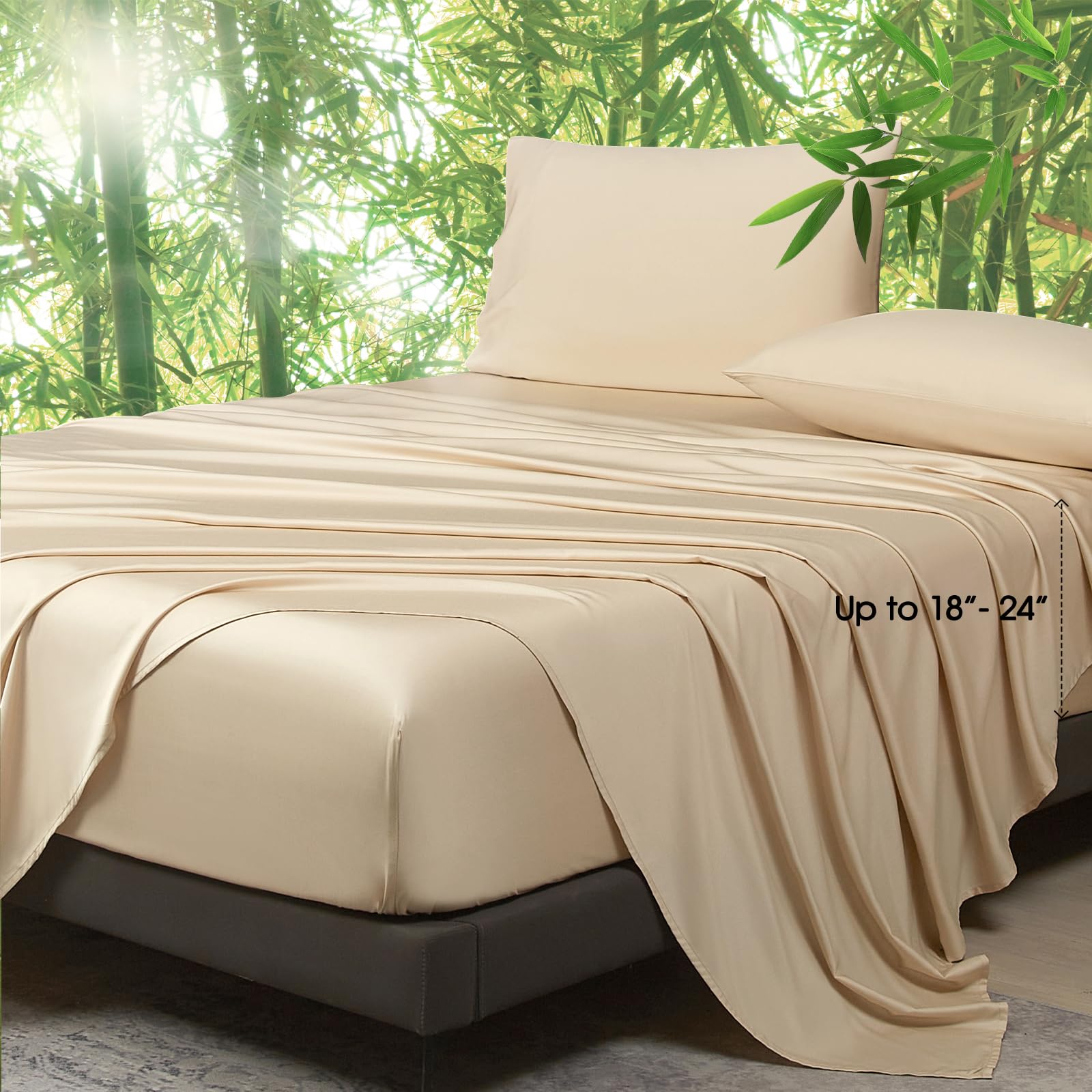 Ivellow 100% Viscose From Bamboo Sheets King Size, 18-24 Inch Extra Deep Pocket Beige King Bed Sheets 4Pcs, Luxury Bamboo Viscos
