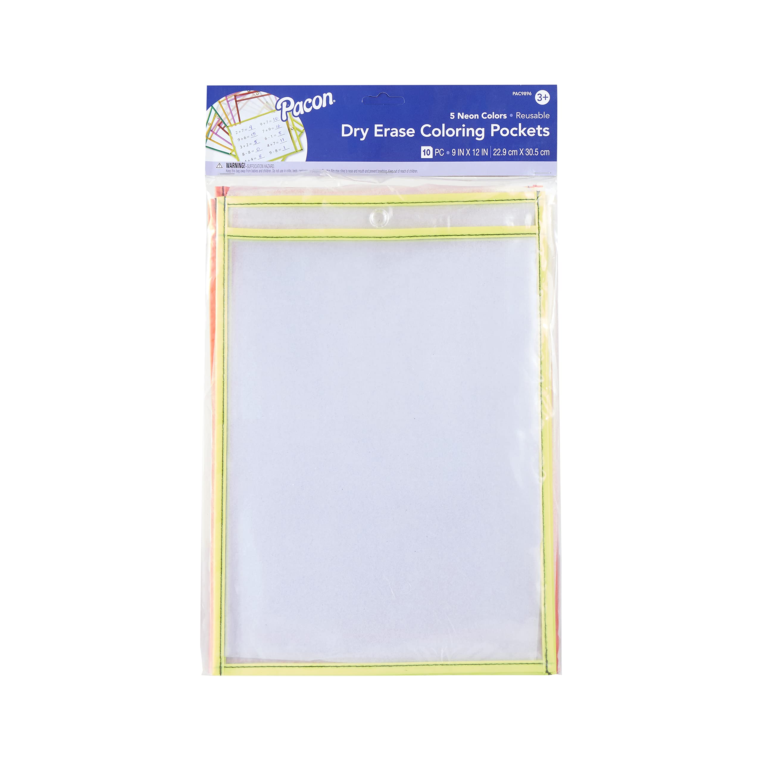 Pacon Dry Erase Pockets, 5 Assorted Neon Colors, 9' X 12', 10 Pockets