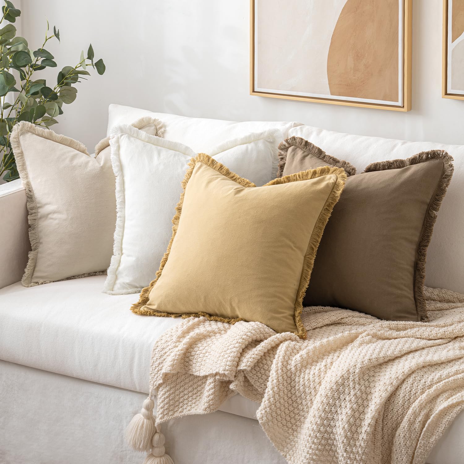 MIULEE Boho Pillow Covers Set of 2, 22x22 Beige Cotton Decorative Throw Pillows with Fringe for Living Room and Home Decor
