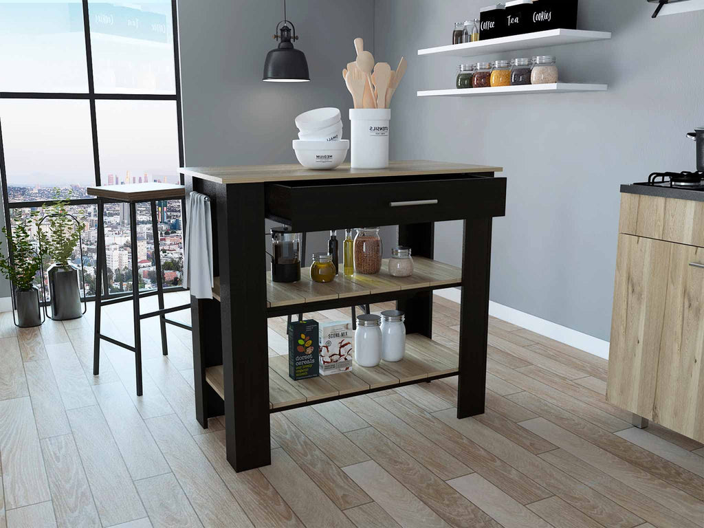 HomeRoots Black - Light Oak Particle Board Light Oak and Black Kitchen Island with Drawer and Two Open Shelves