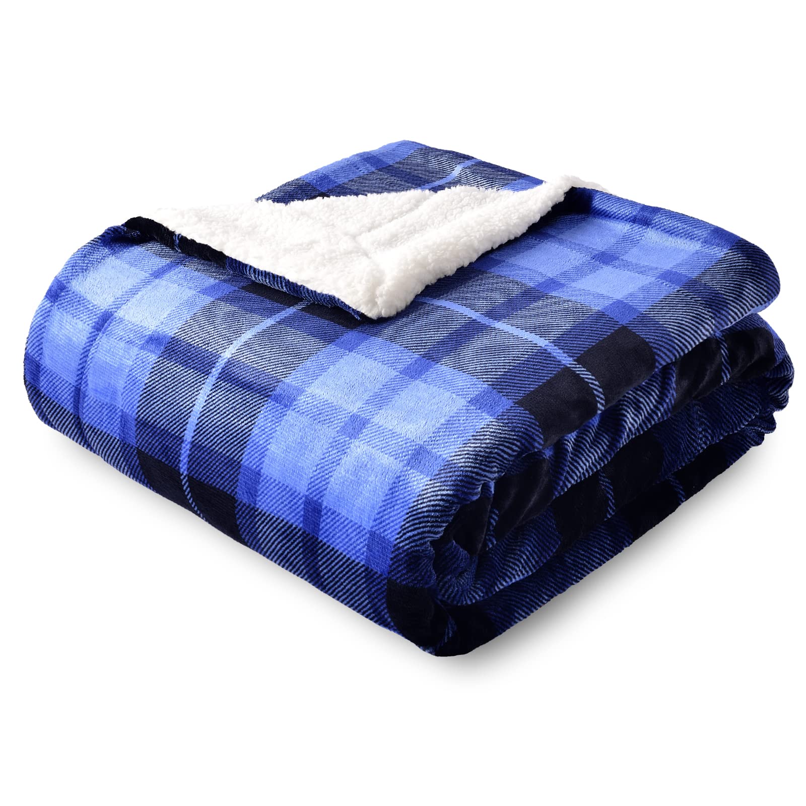 SOCHOW Sherpa Plaid Fleece Throw Blanket, Double-Sided Super Soft Luxurious Bedding Blanket 90 x 90 inches, Blue