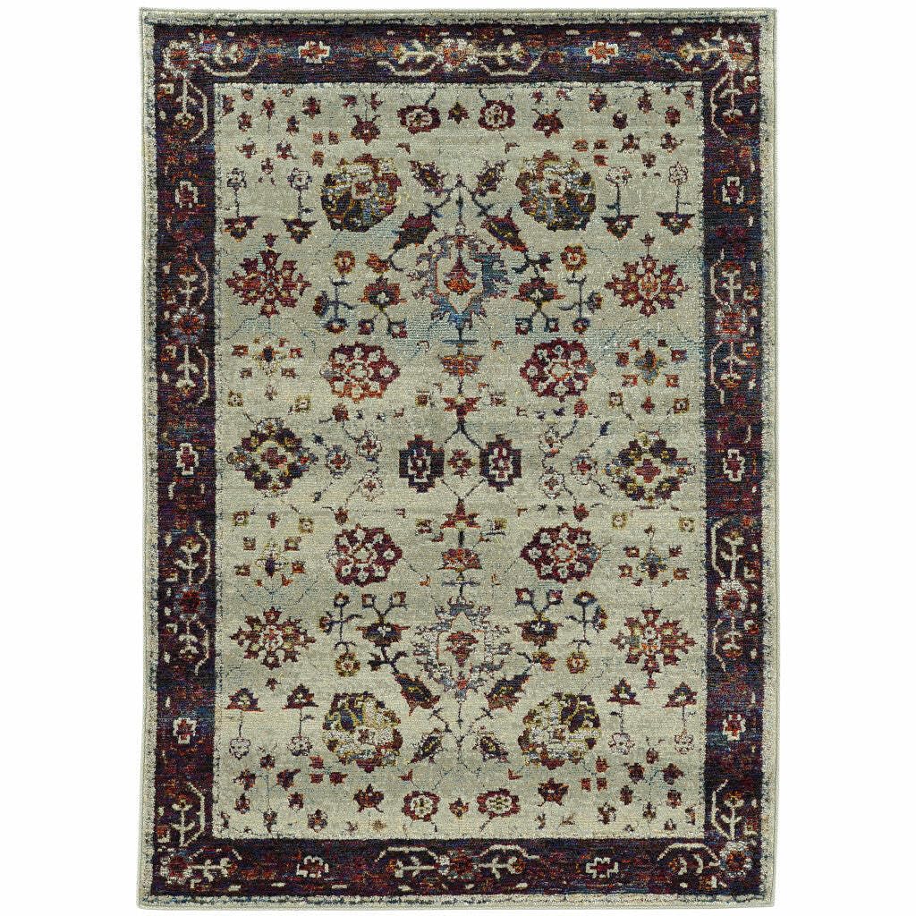 HomeRoots 509967 9 x 12 ft. Stone & Red Oriental Power Loom Stain Resistant Rectangle Area Rug