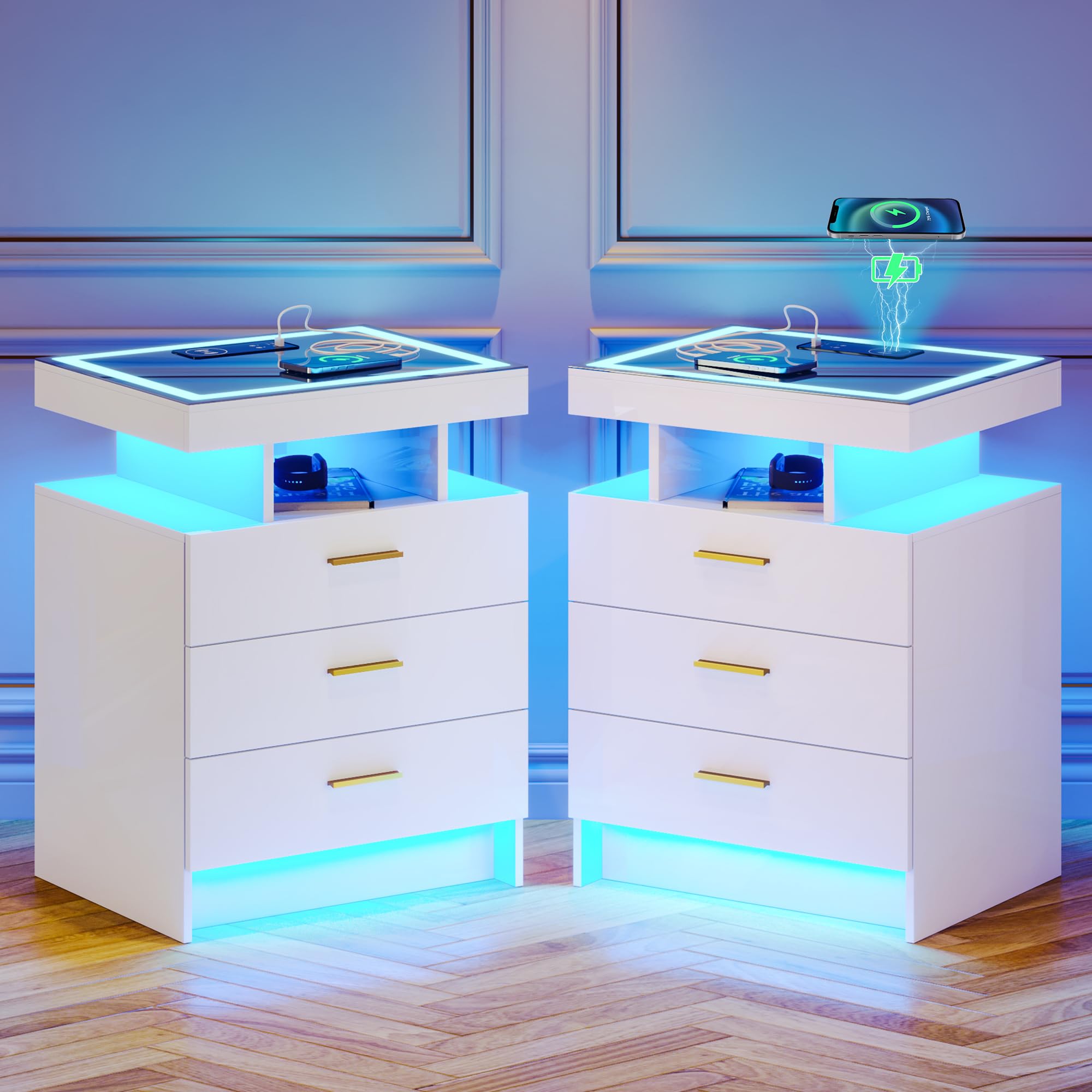 Lvifur 2 Set Nightstands with Wireless Charging Station, Auto Sensor 3 Color Dimmable LED Night Stand, Modern Bedside Table with