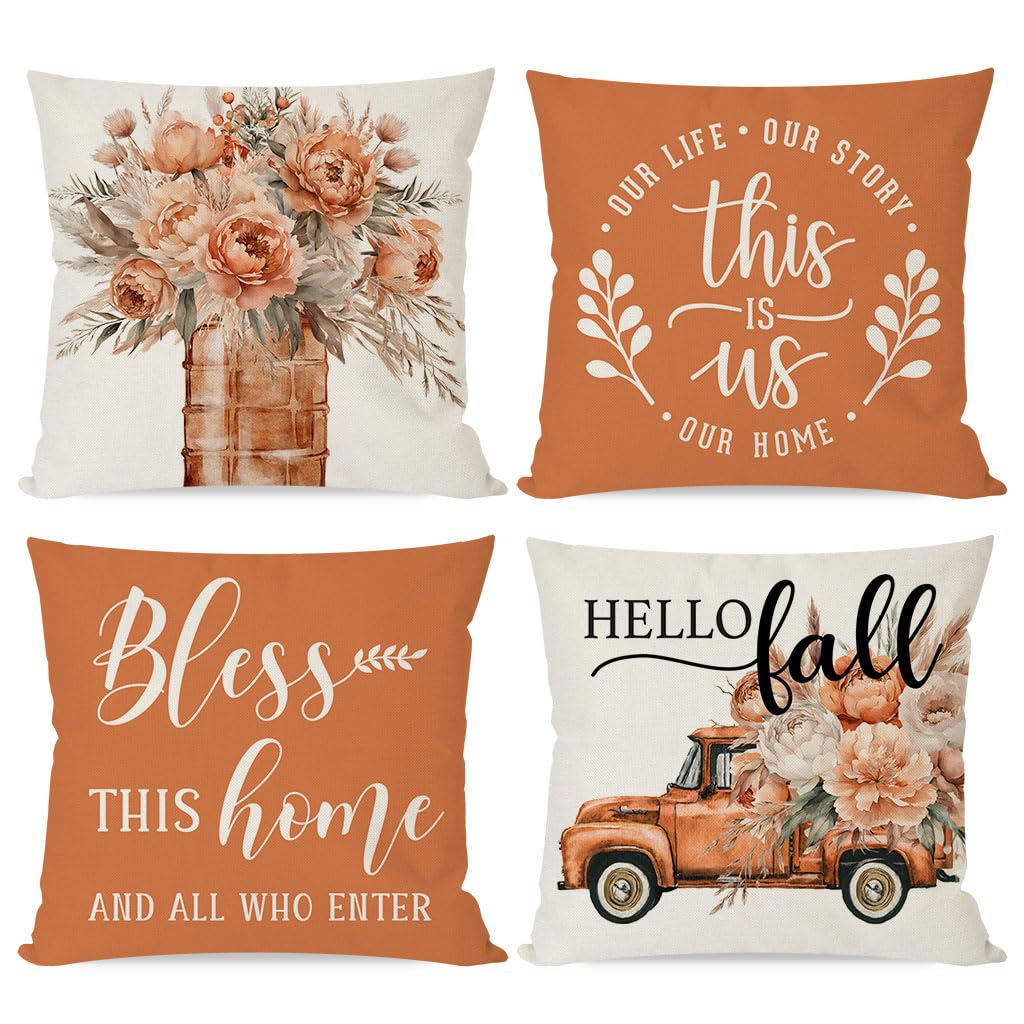 PANDICORN Fall Throw Pillow Covers 18x18 Inch Set of 4 Mason Jar Floral Pampas Truck Bless Home Boho Orange Outdoor Farmhouse Co