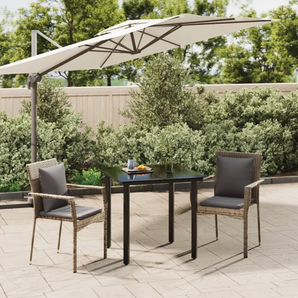 vidaXL 5 Piece Patio Dining Set with Cushions in Black and Gray Poly Rattan - Weather-Resistant Outdoor Lounge Set with Tempered Glass Tabletop