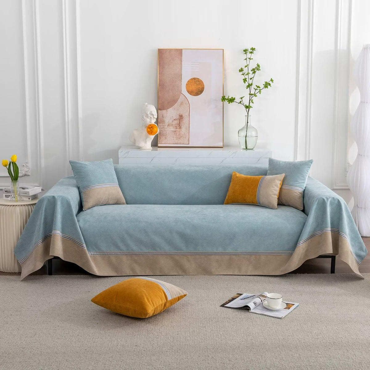 VClife Modern Couch Cover Water Resistant French Terry Sofa Slipcover for 3 Cushion Couch Sofa Greyish Blue Beige Patchwork Sofa