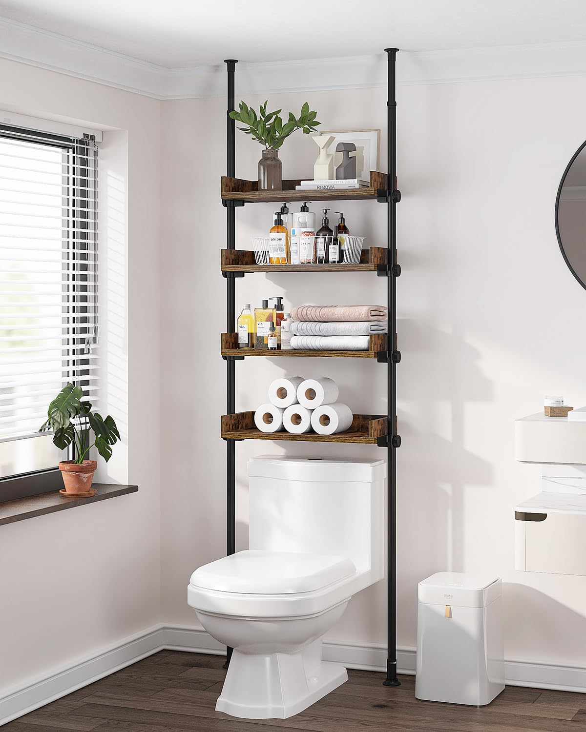 Allzone Bathroom Organizer, Over The Toilet Storage, 4-Tier Adjustable Wood Shelves For Small Rooms, Saver Space Rack, 92 To 116 Inch Tall, Narrow Cabinet, Rustic Brown