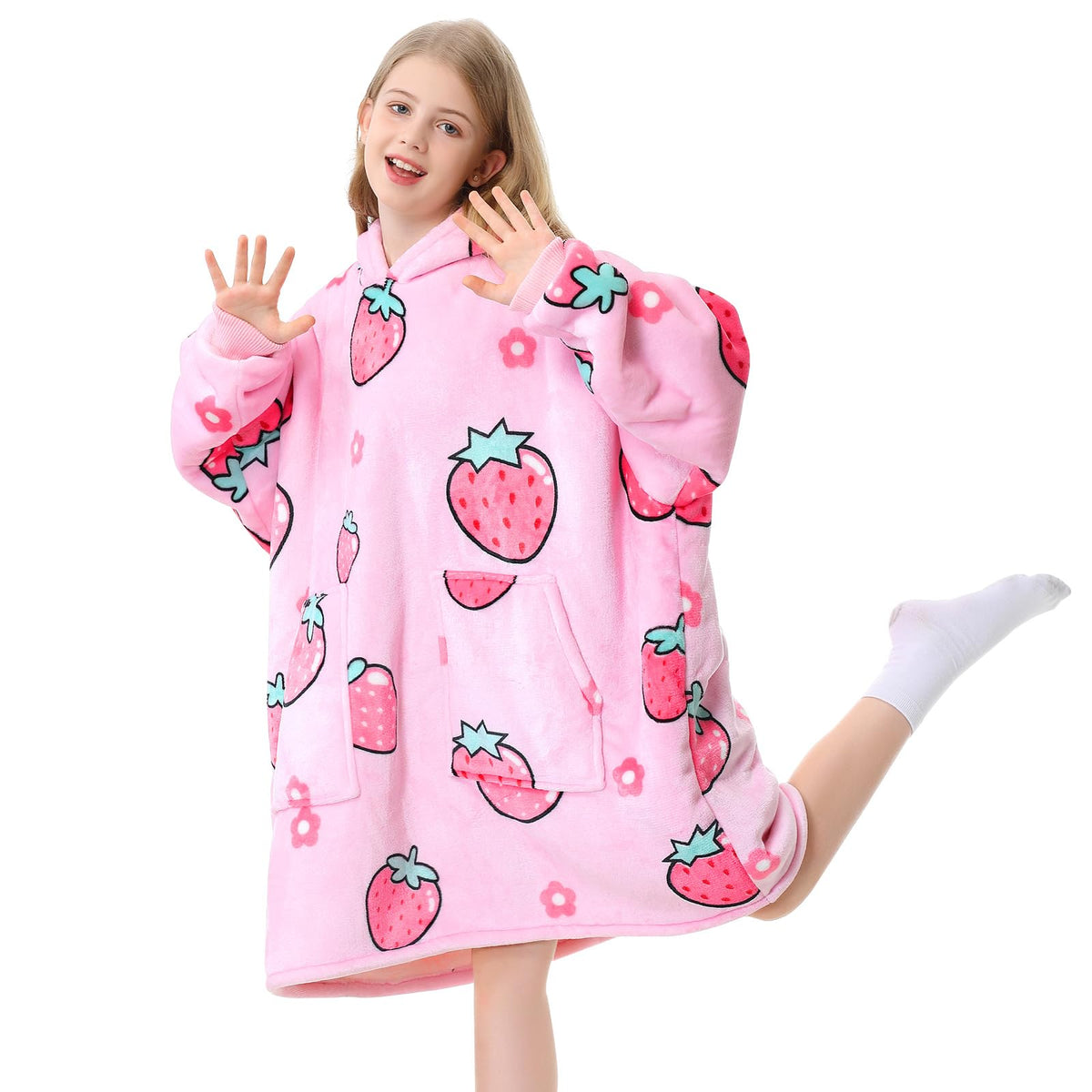 Aemicion Blanket Hoodie For Kids,Oversize Sherpa Sweatshirt Wearable Blanket With Pink Strawberry As Gift For Girls Daughter Fri