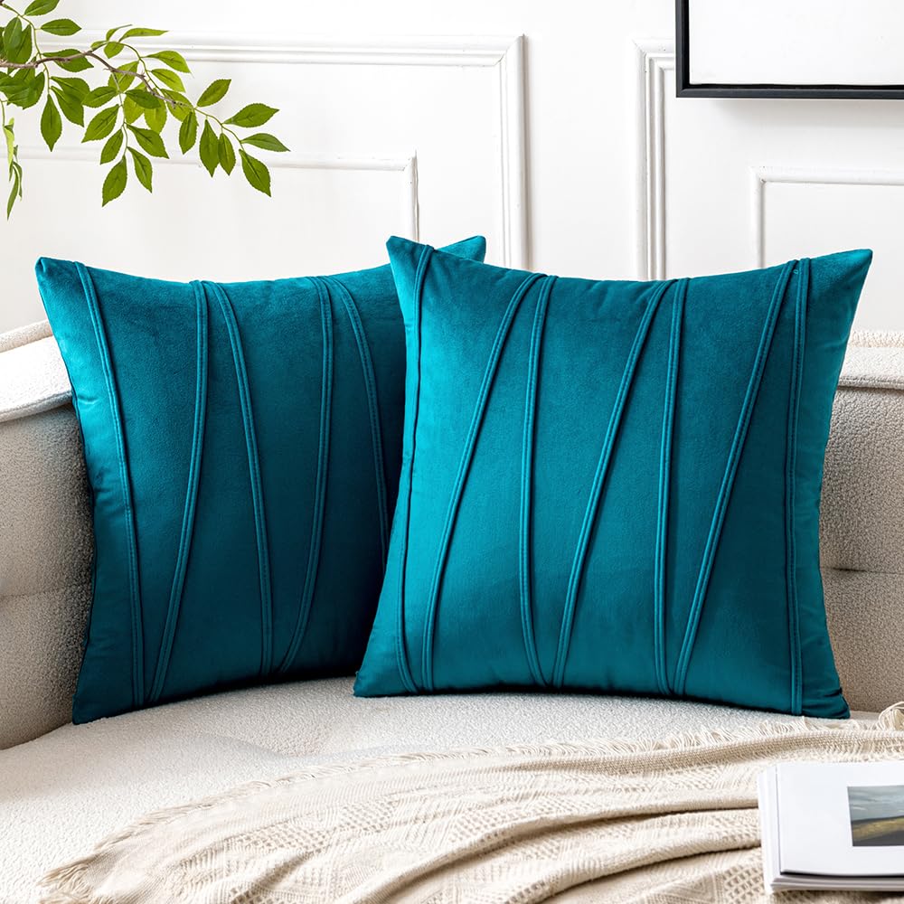Woaboy Pack Of 2 Striped Velvet Throw Pillow Covers Teal Modern Decorative Couch Throws Square Soft Cozy Pillowcases For Bed Sof