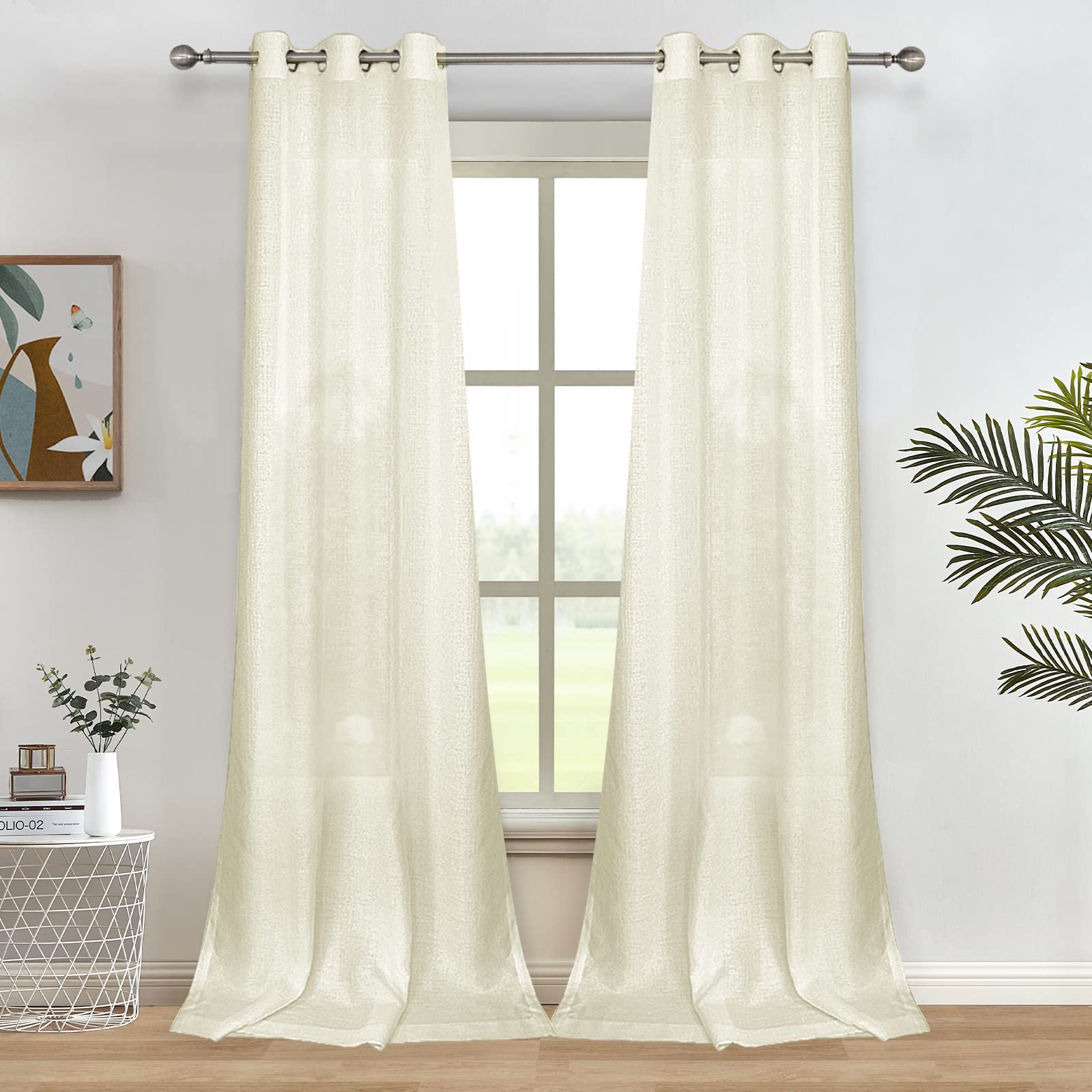 Melodieux Semi Sheer Curtains 84 Inches Long For Small Windows Living Room Bedroom Linen Look Rustic Grommet Cream Yellow Voile