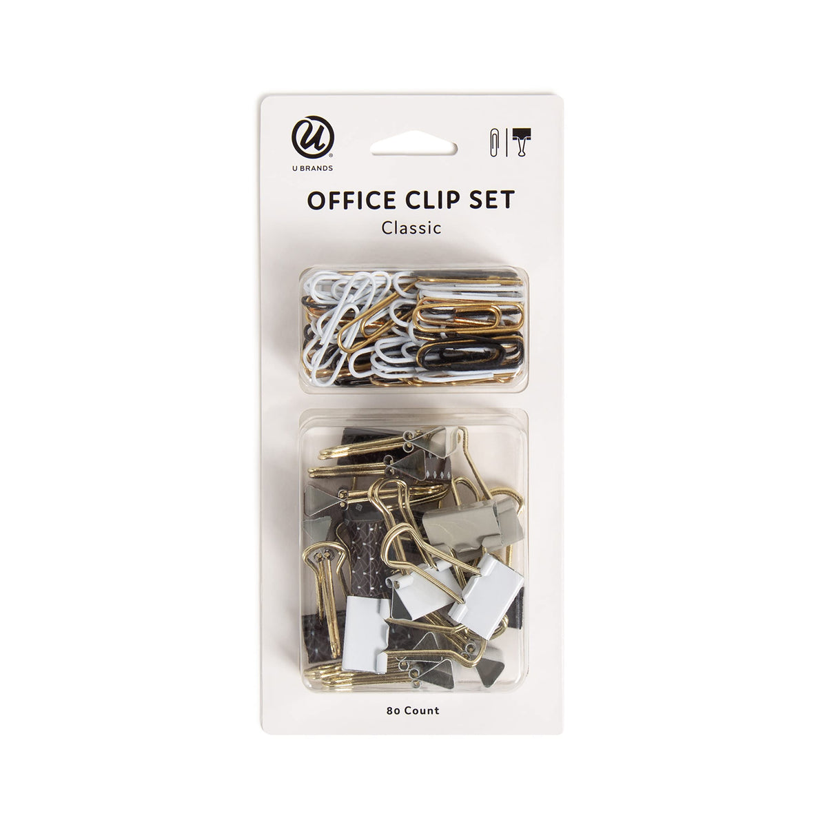 U Brands Classic Clips Set, Office Supplies, Black And White With Gold, Office Supplies, Paper And Binder Clips, 80 Count