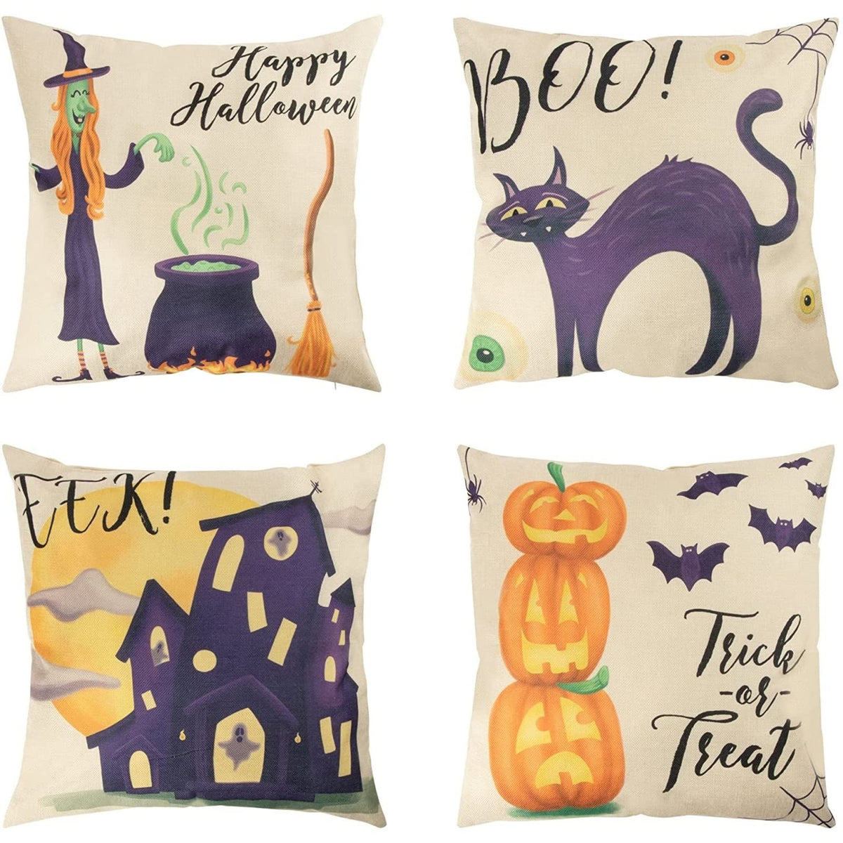 Juvale 4 Pack Halloween Throw Pillow Covers, Cases with Spooky Designs, Square, 18 x 18 in