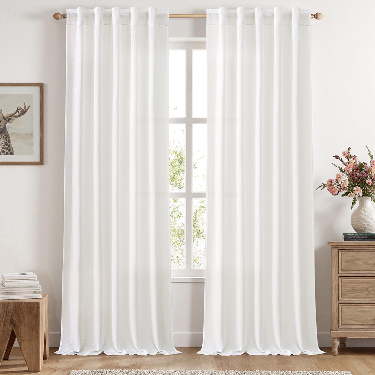MIULEE Faux Linen Curtains 96 Inch Length 2 Panels Heathered White Semi Sheer Curtain with Back Tab Rod Pocket, Light Filtering 