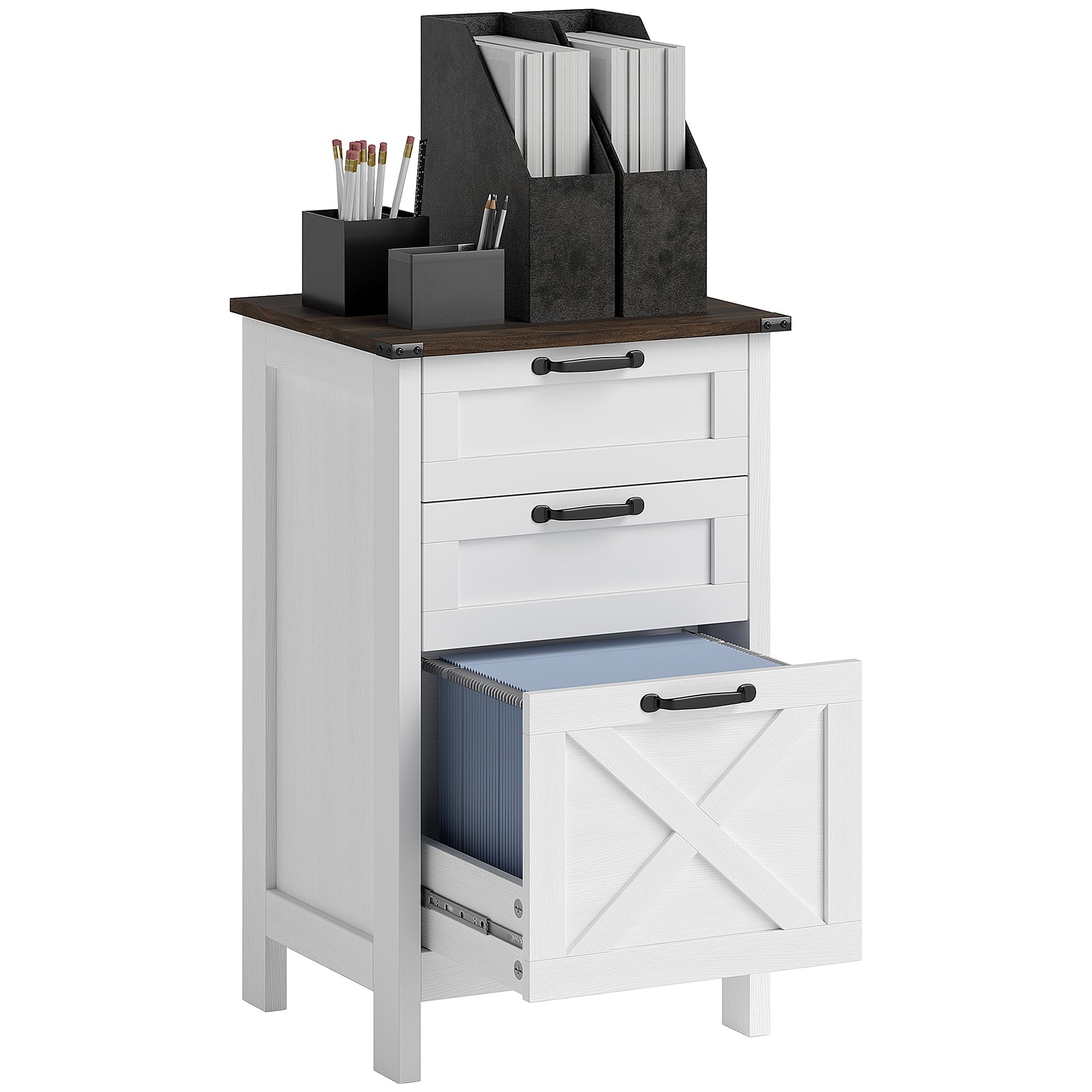 HOMCOM 3 Drawer File Cabinet with Silent Slides, Vertical Filing Cabinet for Hanging A4/Letter Size, Rustic Farmhouse Printer St