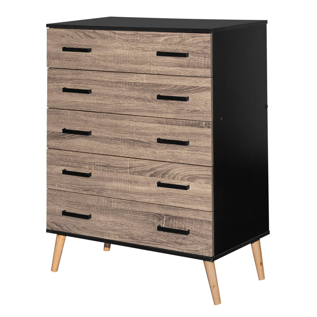 Better Home Products Eli Mid-Century Modern 5 Drawer Chest in Black & Sonoma Oak