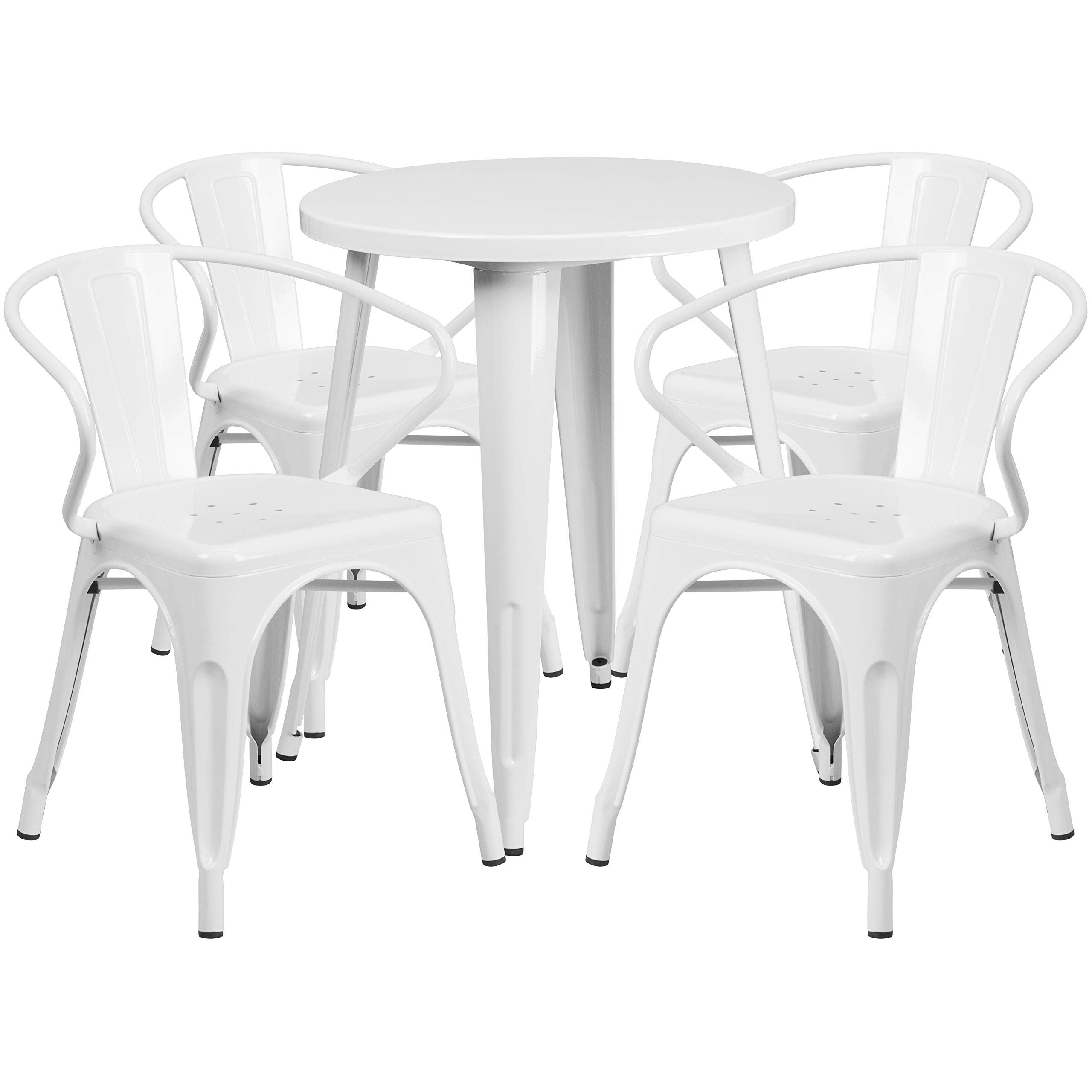 Flash Furniture Commercial Grade 24&quot; Round White Metal Indoor-Outdoor Table Set with 4 Arm Chairs
