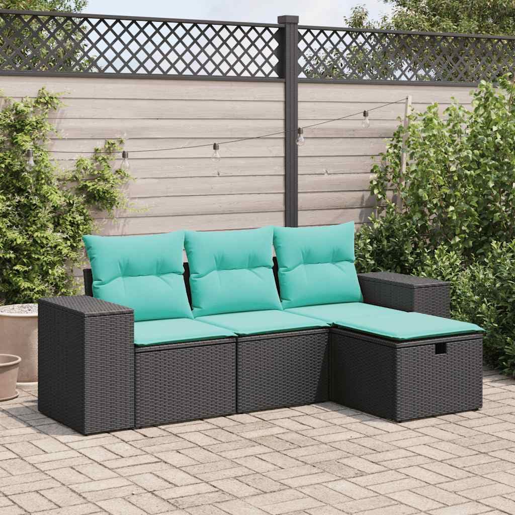 vidaXL 4 Piece Black Patio Sofa Set with Storage/Blue Cushions - Outdoor Garden Furniture in pe Rattan and Steel Frame for Backyard, Terrace or Patio