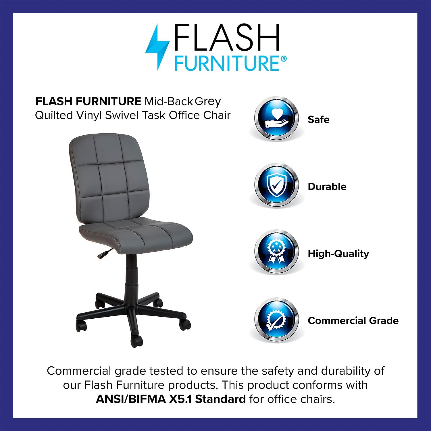 Flash Furniture Clayton Mid Back Swivel Task Chair - Gray Vinyl Upholstery - Tufted Back and 360° Swivel