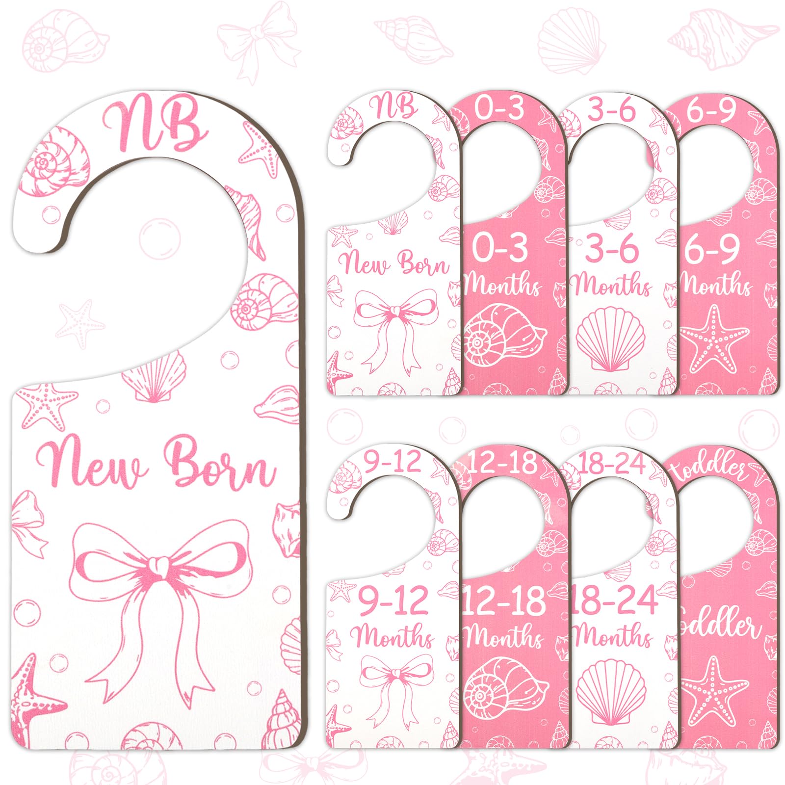 CORNER LACE Baby Closet Dividers 8PCS, Pink Shell & Bows Themed Wooden Double-Sided Clothes Size Hanger/Organizer from Newborn t