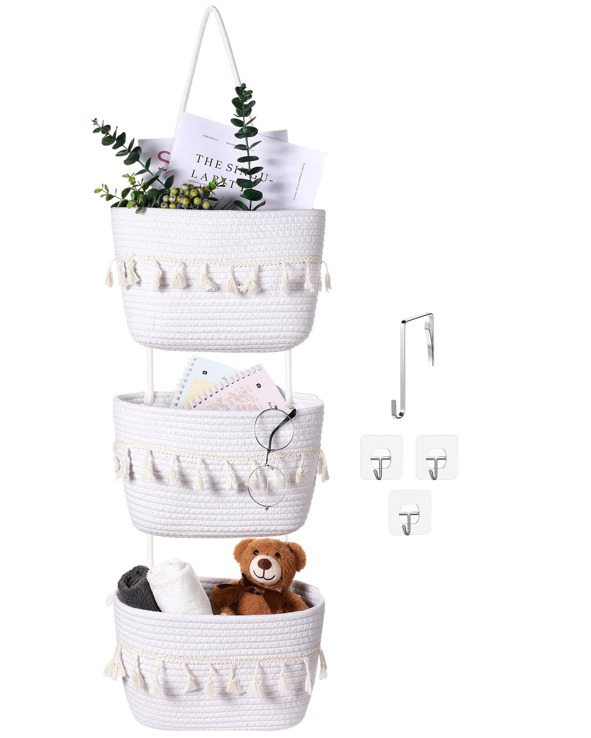 SiliFine Over the Door Hanging Basket Boho Woven Wall Hanging Baskets 3Tier Cotton Wall Mounted Storage Organizer Bag Macrame D