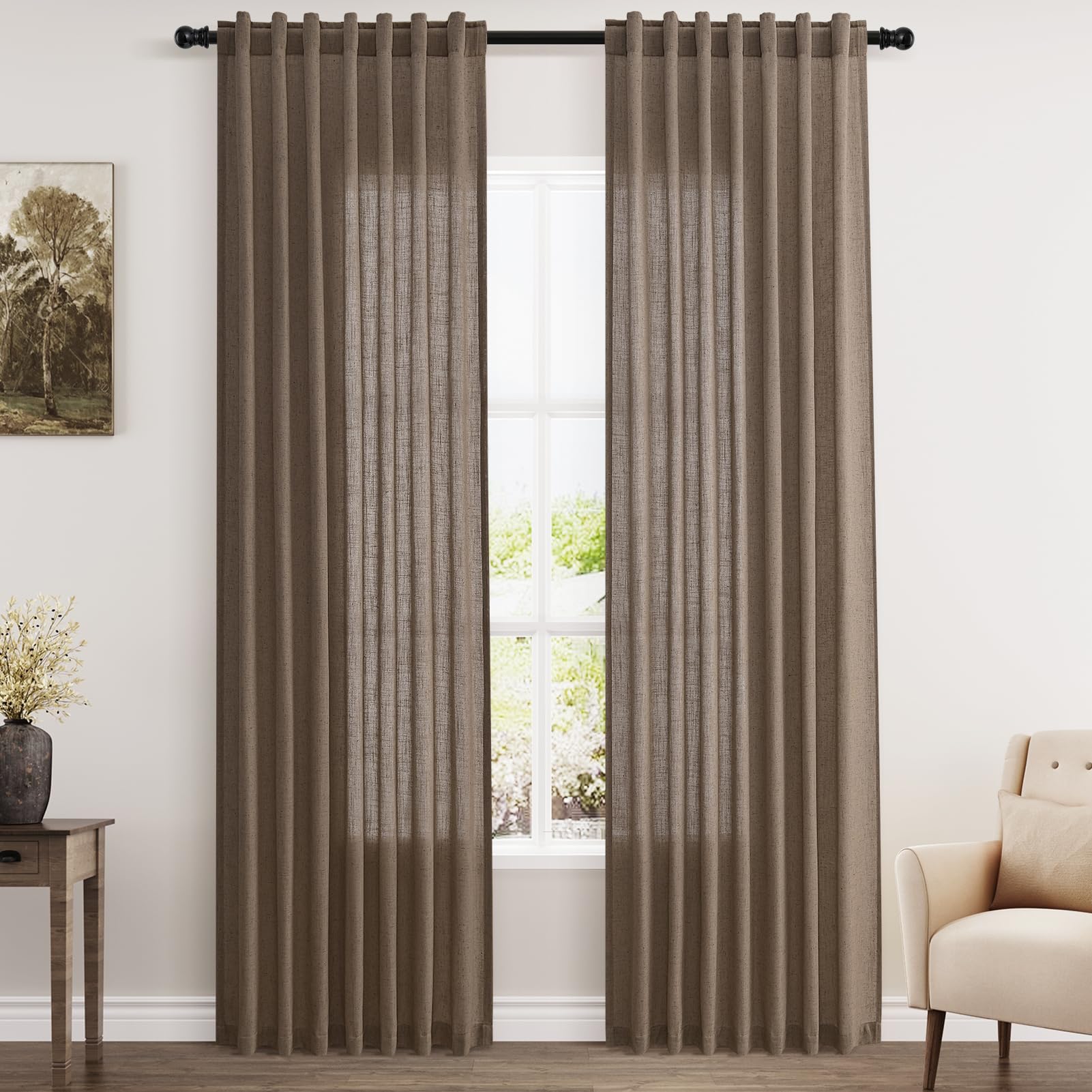 Nanspring Light Brown Back Tab Linen Curtains For Living Room 2 Panels Set Semi Sheer Curtains For Dining Room 52X84