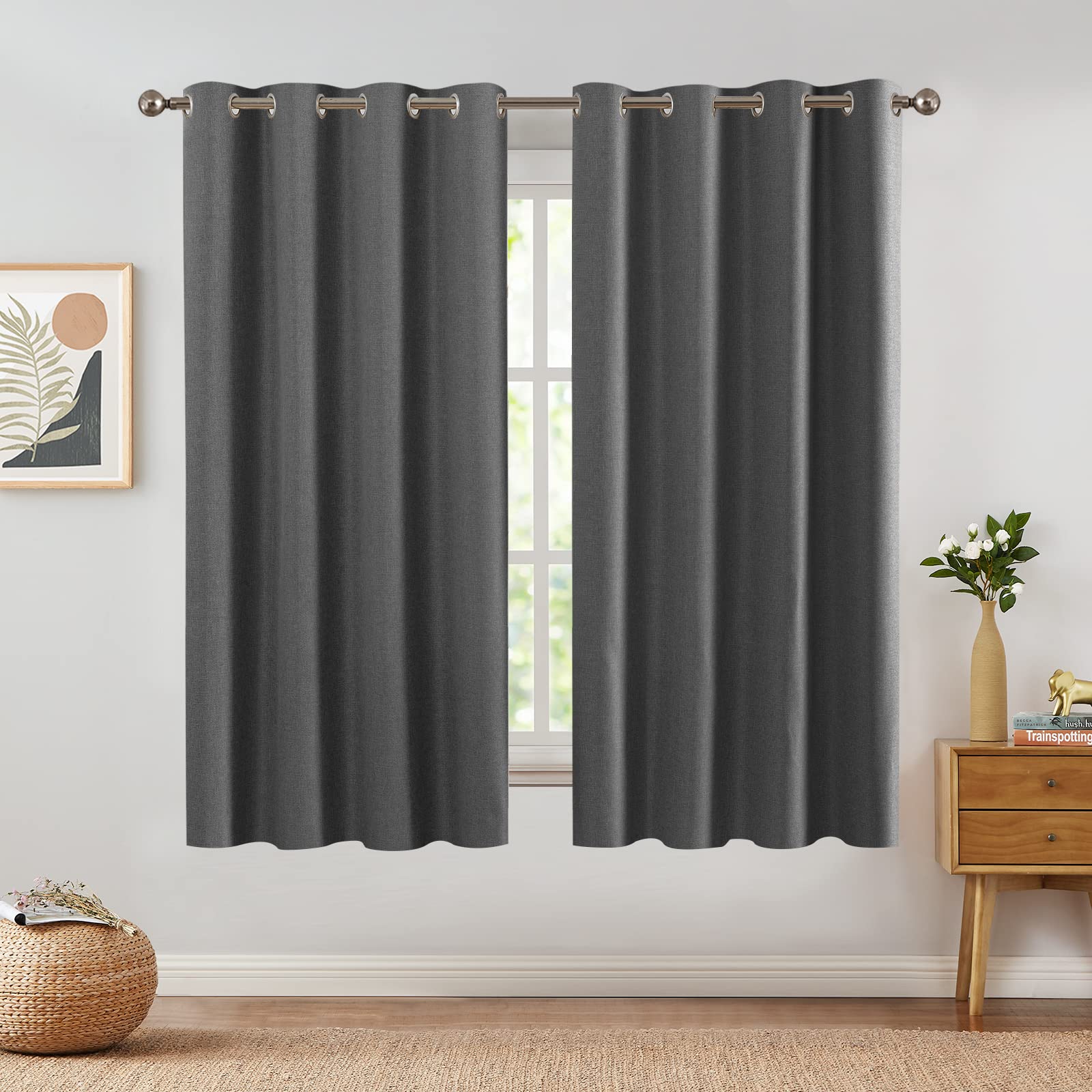 Jinchan Linen Textured Curtains Living Room Thermal Curtains Room Darkening Thermal Insulated Curtains 72 Inch Long Dark Grey Curtains For Bedroom Drape Grommet Top 1 Panel