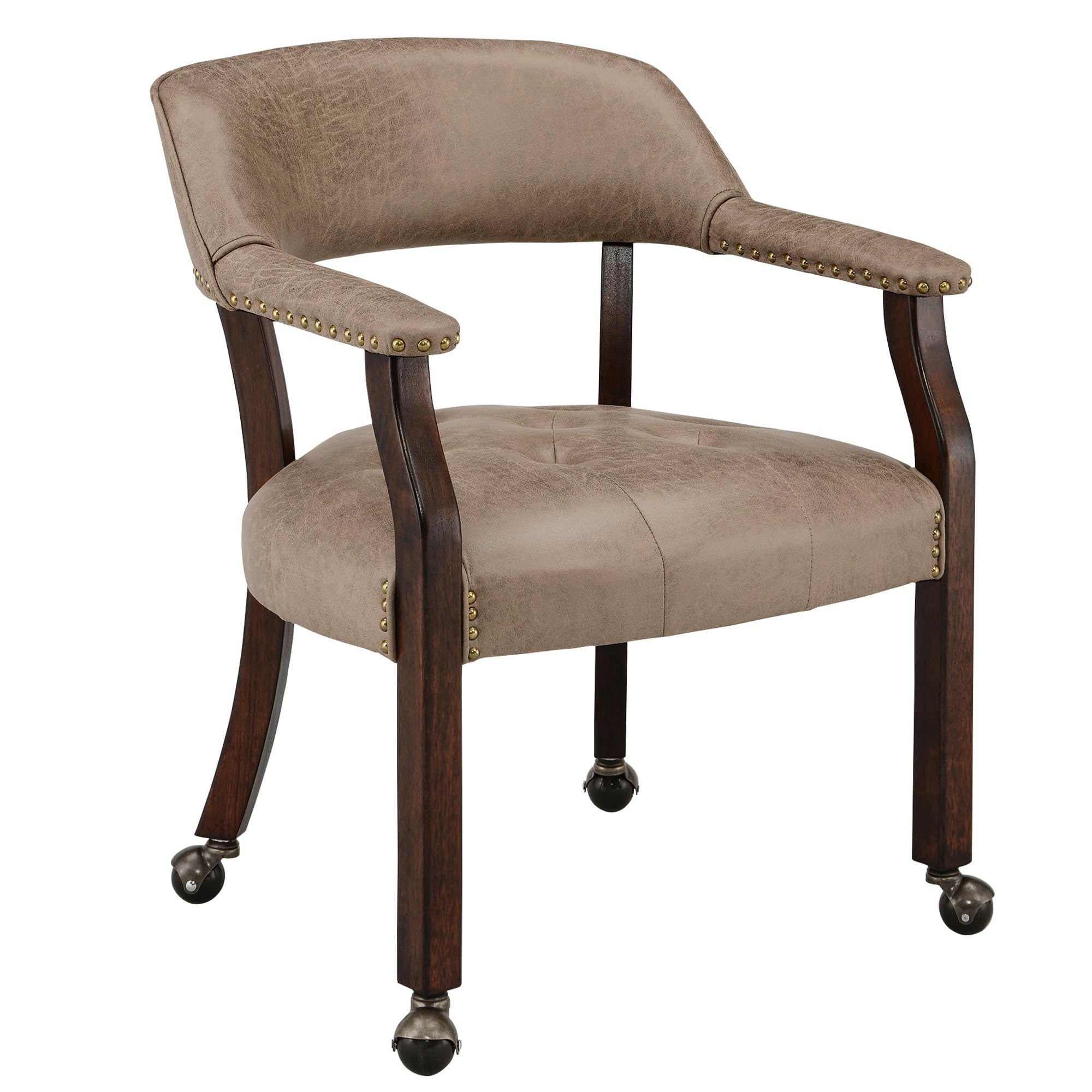 Leemtorig Large Dining Chairs With Casters And Arms, Rolling Dining Chairs With Wheels, Accent Wood Boss Caption'S Chairs, 26'