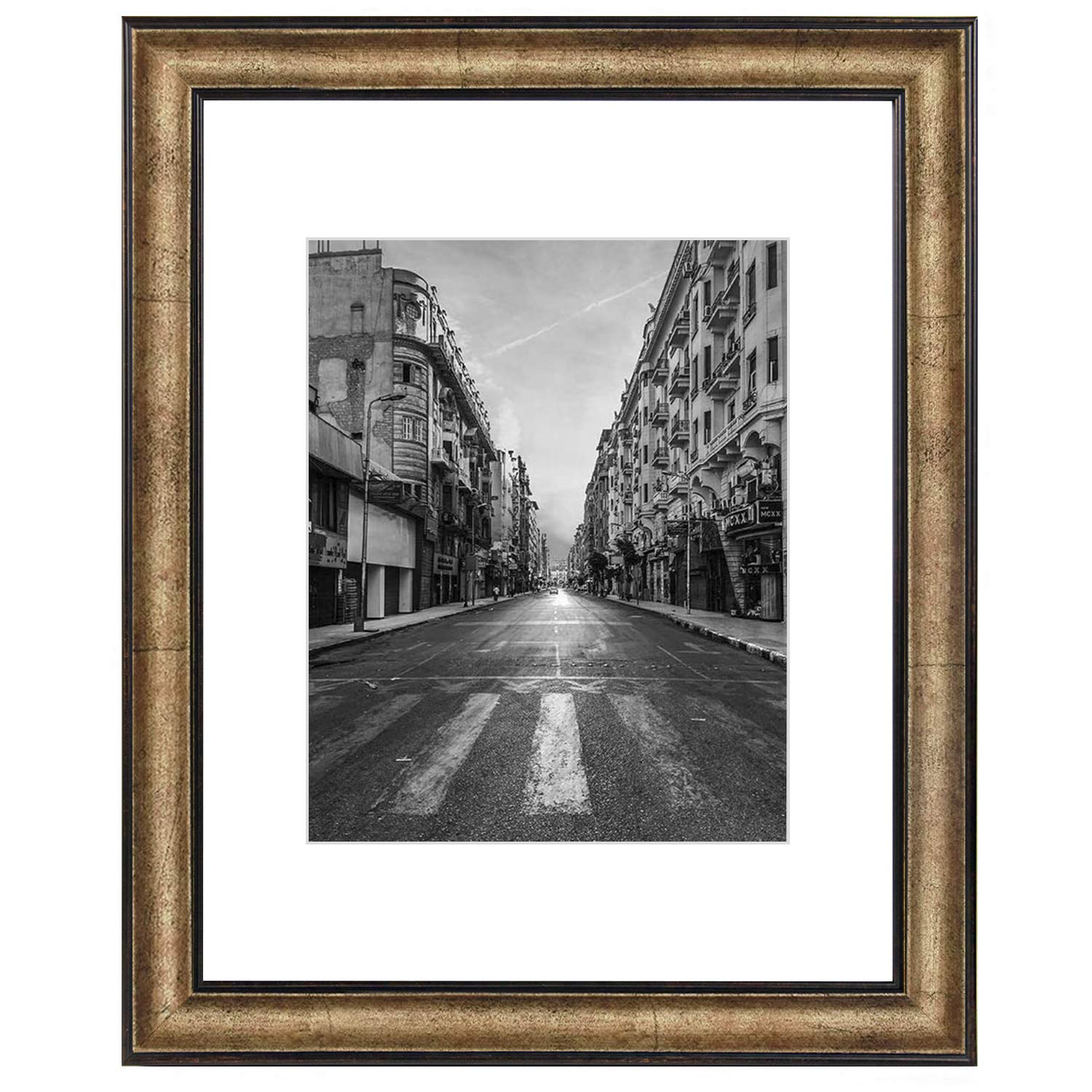 Golden State Art, 11x14 Photo Frame with Mat for Pictures 8x10 and Real Glass (Dark Gold Brown & Bronze Pewter Panel with White 