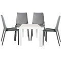 LeisureMod Kent Outdoor White Table With 4 Grey Chairs Dining Set