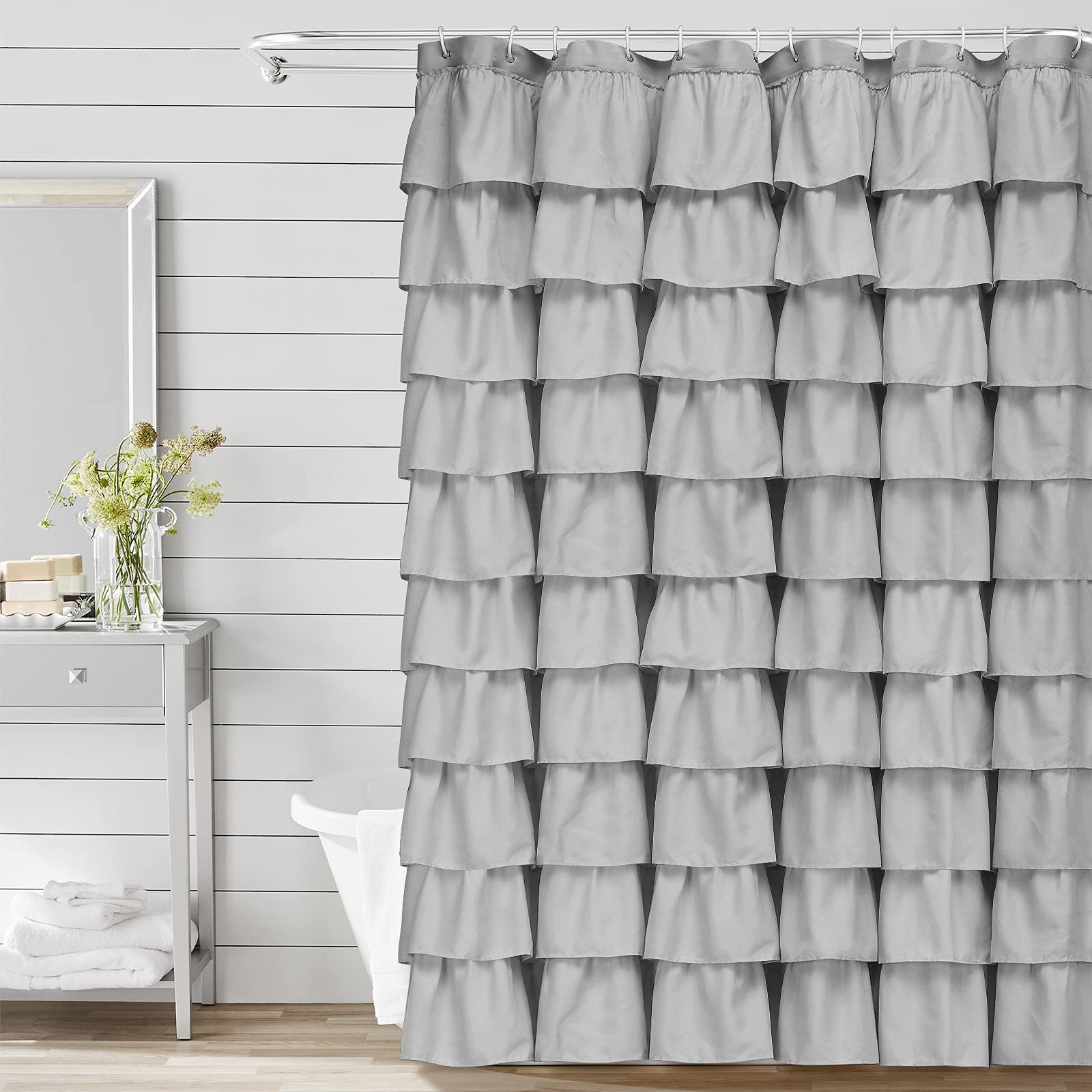 Volens Gray Shower Curtain, Ruffle Farmhouse Shower Curtain Fabric Bathroom Curtain Machine Washable, 72 X 72 Inch Long