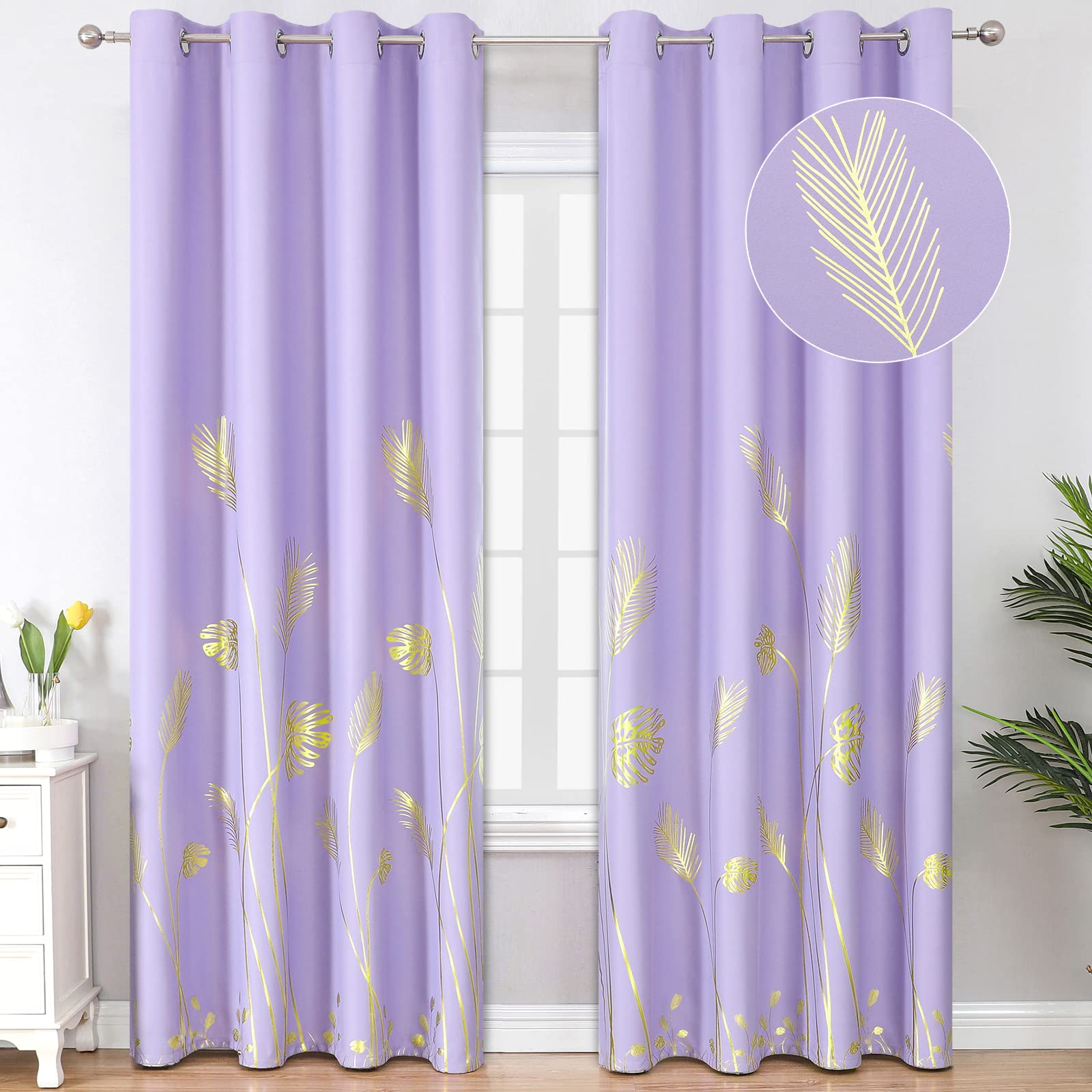 Estelar Textiler Lilac Blackout Curtains For Bedroom, Room Darkening Gold Palm Tree Pattern Curtains 84 Inches Long, Light Block