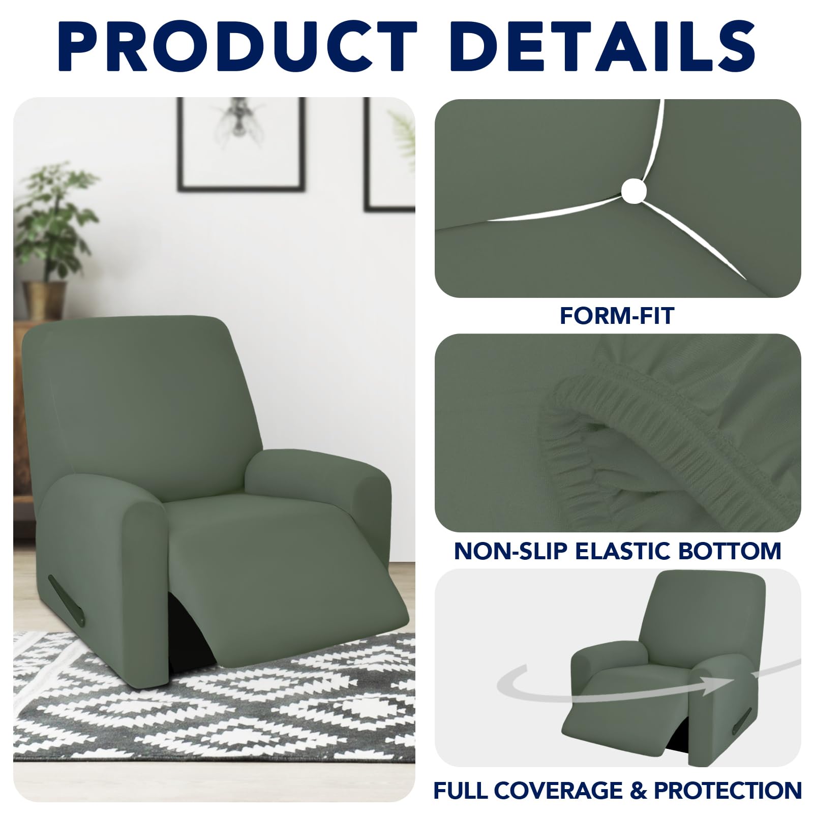 Purefit 100% Dual Waterproof Recliner Cover, Waterproof Couch Cover For Recliner - Stretch Non Slip Fleece Sofa Covers Washable, Leakproof Furniture Protector For Kids, Pets (Recliner, Grayish Green)