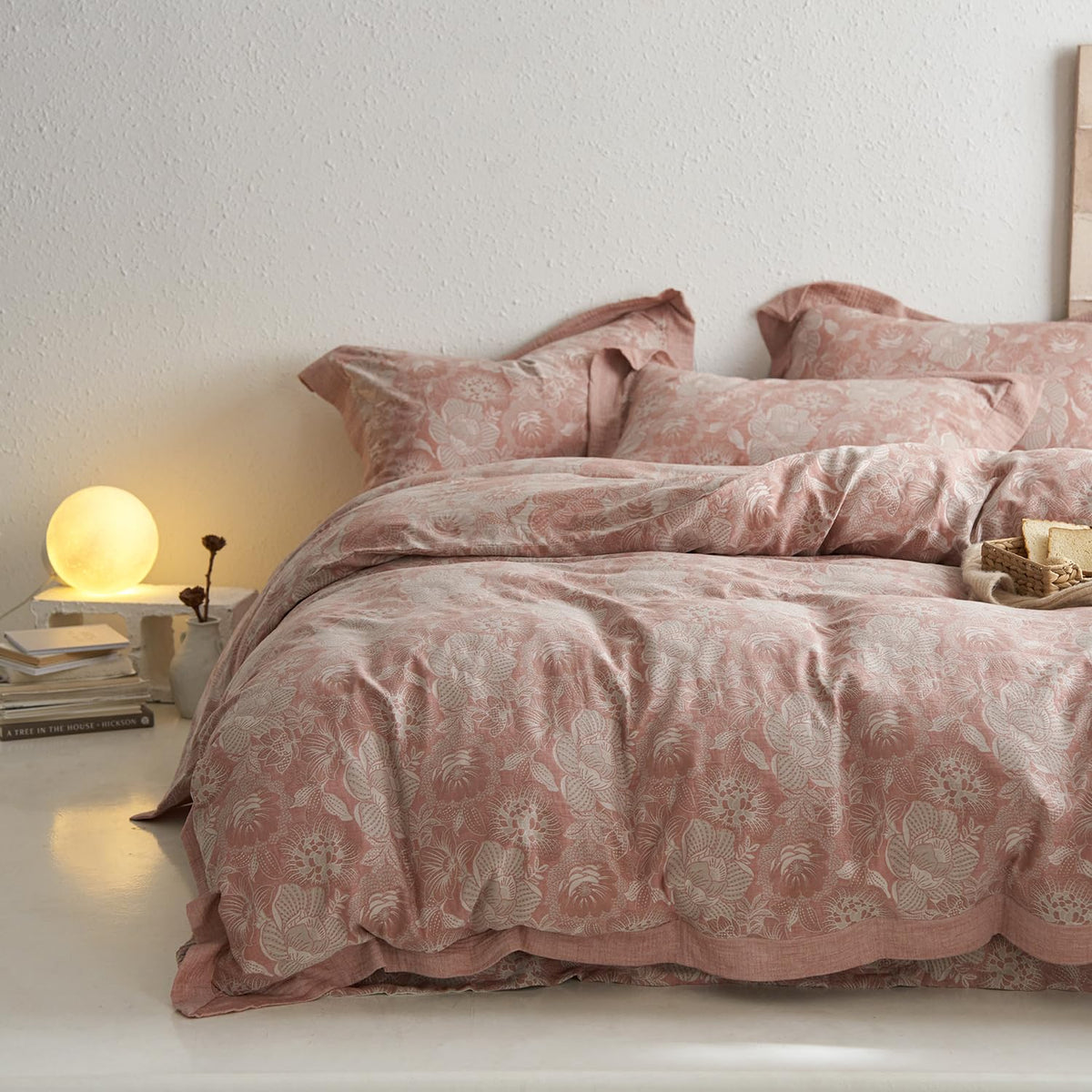 Mixinni Duvet Cover King, Premium Cotton Double-Layer Yarn Pink Floral Jacquard Comforter Cover With Edge Design, Farmhouse Bedd