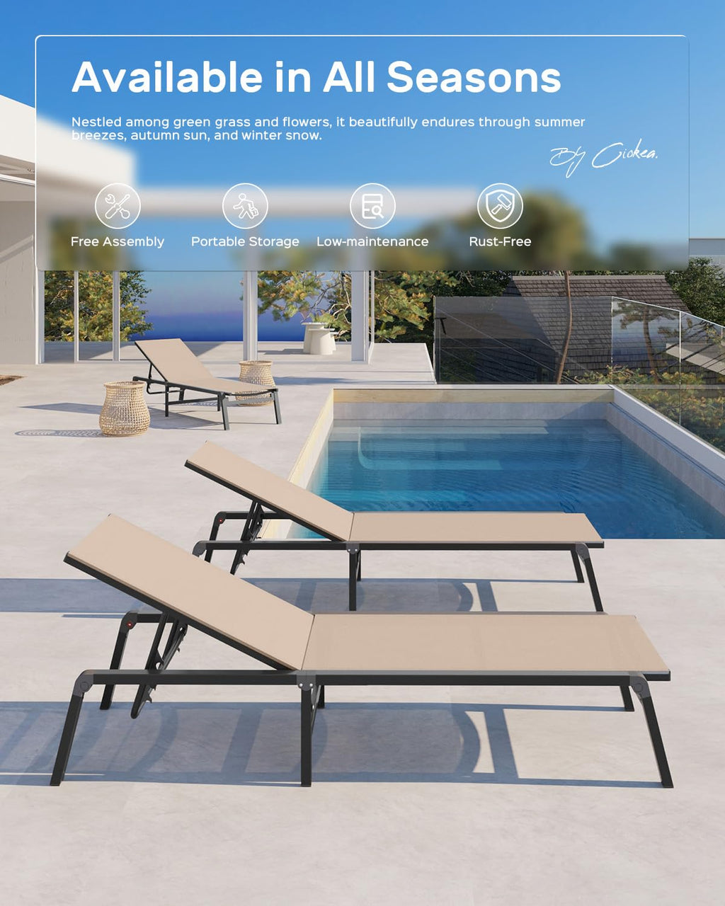 Aluminum Chaise Lounge Ourdoor - Foldable & Assemble Free Outdoor Lounge Chair With 5 Adjustable Backrest, Patio Lounge Chair For Outside Poolside Beach Pool, Khaki