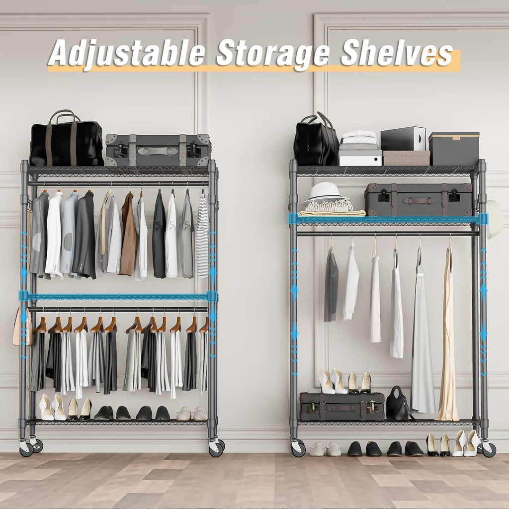 Homdox 3 Shelves Wire Shelving Clothing Rolling Rack Heavy Duty Commercial Grade Garment Rack With Wheels And Side Hooks (One Pa