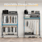 Homdox 3 Shelves Wire Shelving Clothing Rolling Rack Heavy Duty Commercial Grade Garment Rack With Wheels And Side Hooks (One Pa