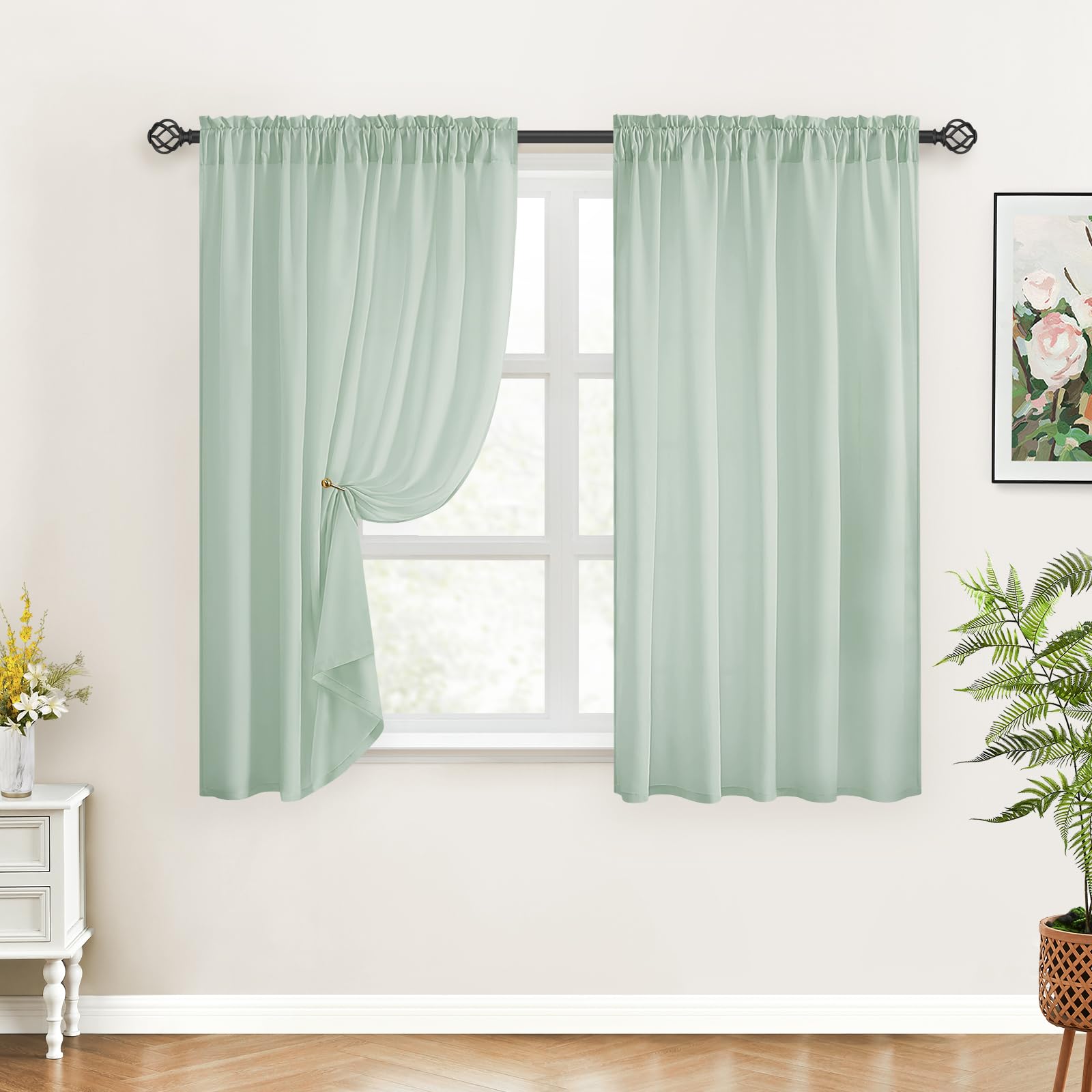 Homeideas Non-See-Through Sage Green Privacy Sheer Curtains 52 X 45 Inches Long 2 Panels Sheer Curtains Light Filtering Window Curtains Drapes For Bedroom Living Room