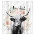 Funny Highland Cow Shower Curtain, Get Naked Cow Shower Curtain with Hooks, Funny Cattle Bull Cow Floral on Marble Bathroom Fabr