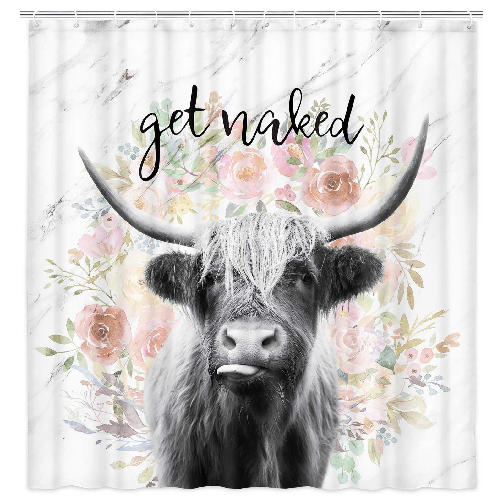 Funny Highland Cow Shower Curtain, Get Naked Cow Shower Curtain with Hooks, Funny Cattle Bull Cow Floral on Marble Bathroom Fabr