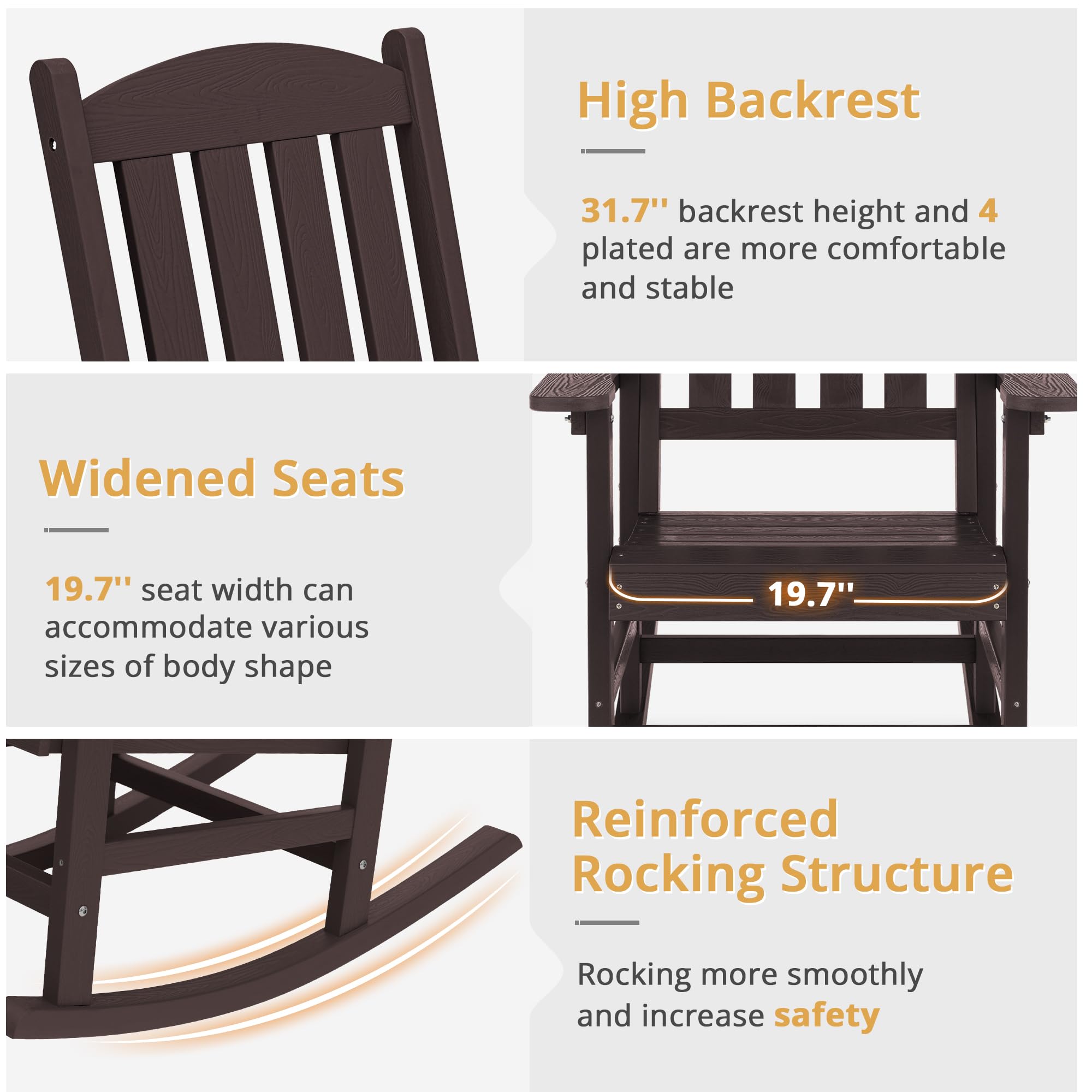 Lue Bona Outdoor Rocking Chairs Set Of 4, Hdps Poly Rocking Chair, All Weather Resistant Plastic Outdoor Indoor Porch Rocker, Heavy Duty Rocking Chair For Patio, Lawn, Garden, 300Lbs, Espresso
