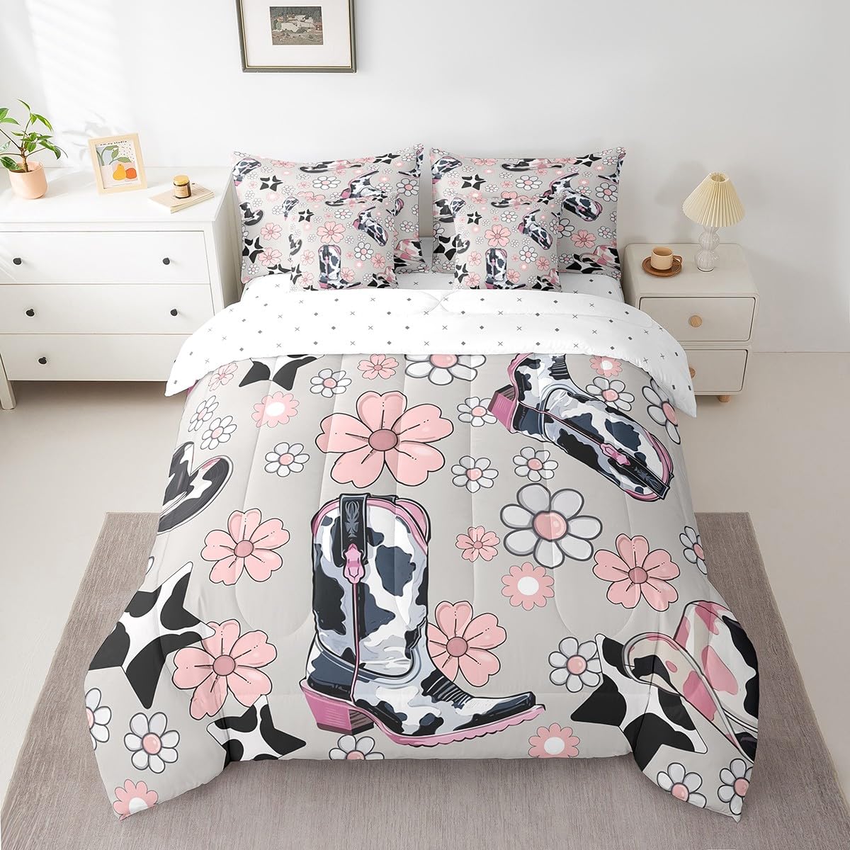 Manfei 7 Pieces Cowgirl Comforter Set Full Size, Cowboy Boots Hats Bedding Set For Kids Boy Girls Bedroom Decor, Pink White Flow