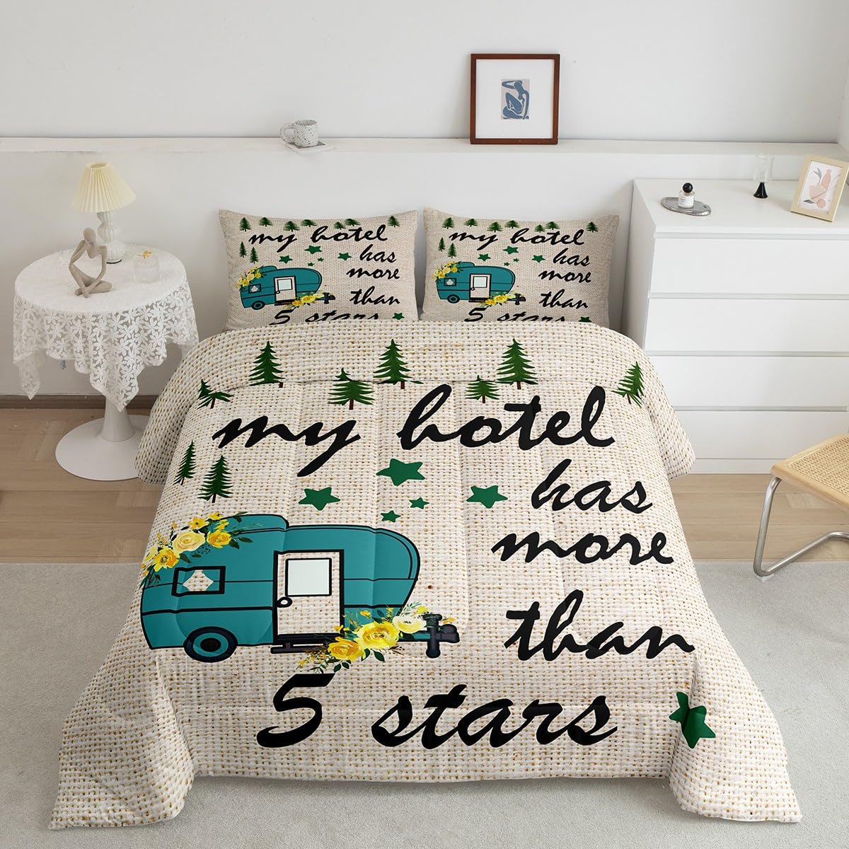 Happy Camping Comforter Set Queen Size,Camper Rv Trailer Decor Bedding Set 3Pcs For Kids Boys Girls Adults,Pine Trees Wilderness