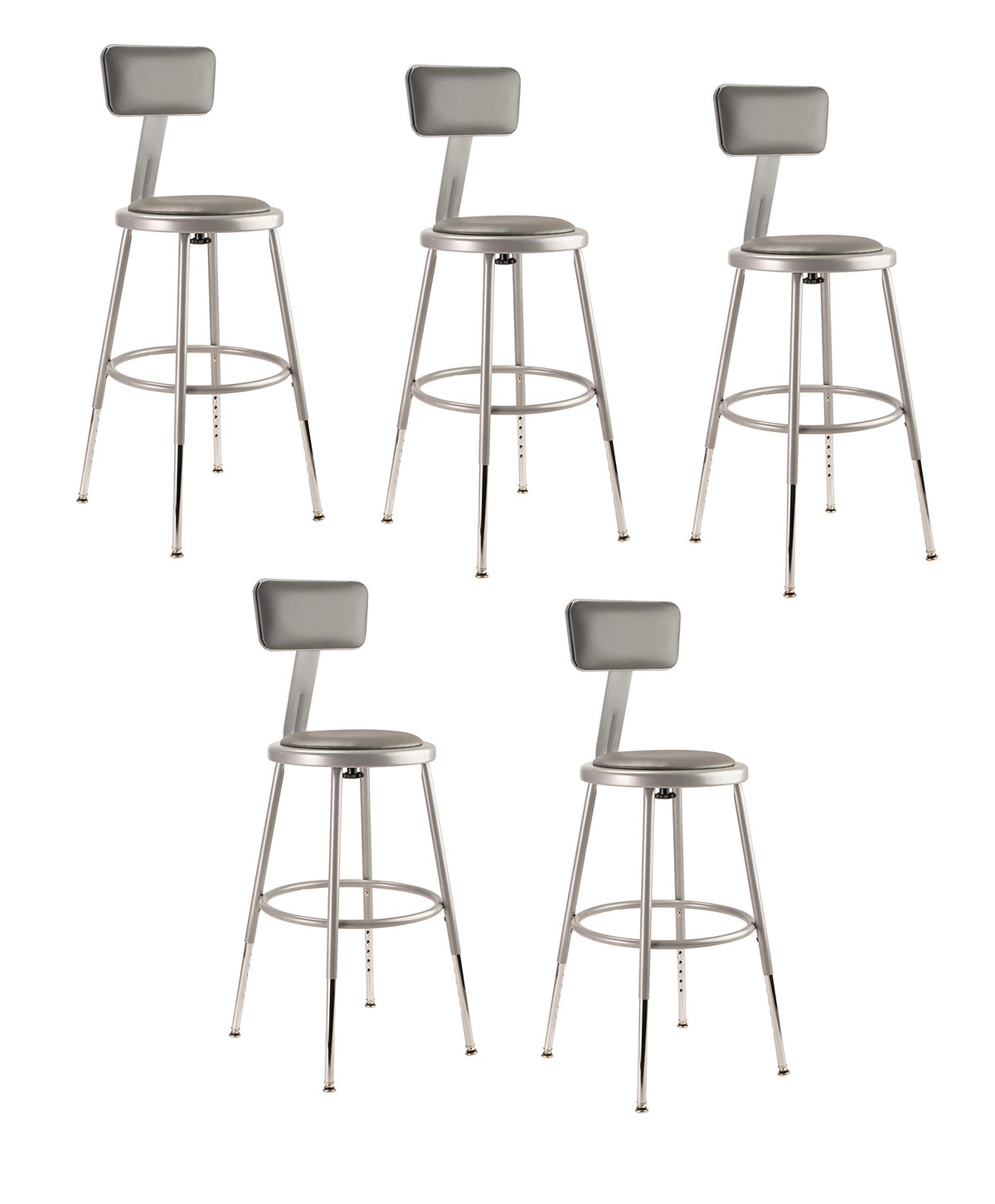 (5 Pack) NPS® 19&quot;-27&quot; Height Adjustable Heavy Duty Vinyl Padded Steel Stool with Backrest, Grey