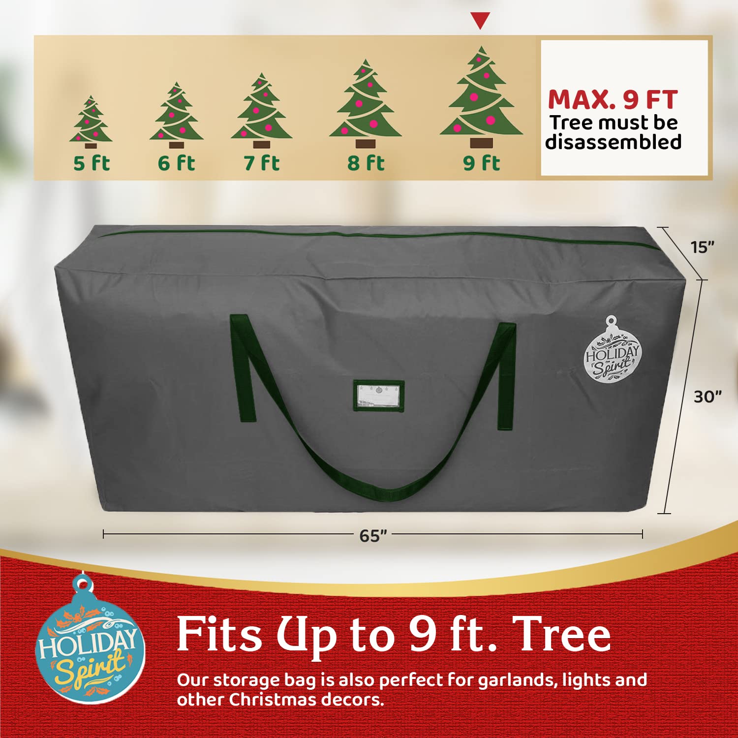 Holiday Spirit Christmas Tree Bags Storage 9 Ft - Heavy-Duty Tree Bag With Durable Reinforced Handles & Zipper, Waterproof Stora