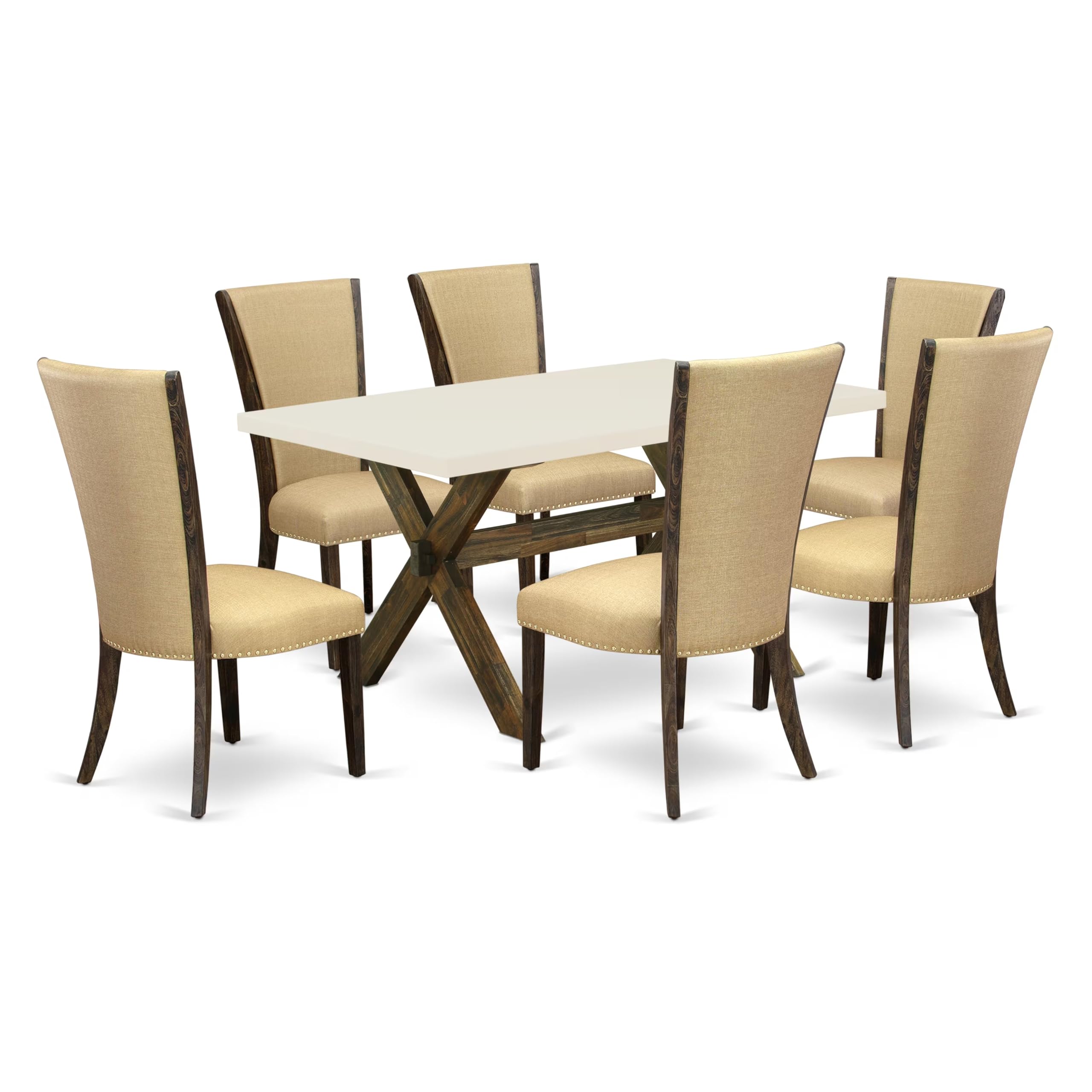 East West Furniture X726Ve703-7 7 Piece Kitchen Table Set Consist Of A Rectangle Dining Table With X-Legs And 6 Brown Linen Fabric Parsons Dining Chairs, 36X60 Inch, Multi-Color