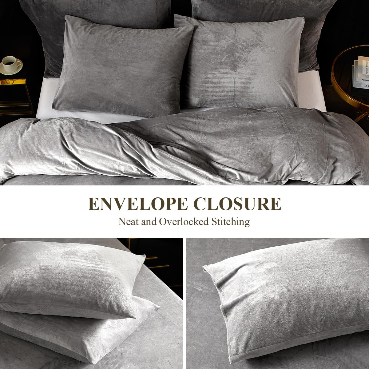 Ivellow Velvet Flannel Duvet Cover King Size Smoky Gray Duvet Cover King Velvet Comforter Cover Set Ultra Soft Breathable Cozy V