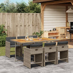 vidaXL Patio Dining Set with Cushions - Outdoor Furniture 7 Piece - Gray Poly Rattan and Acacia Wood for Garden, Backyard, Patio - Removable Covers - Compact Storage