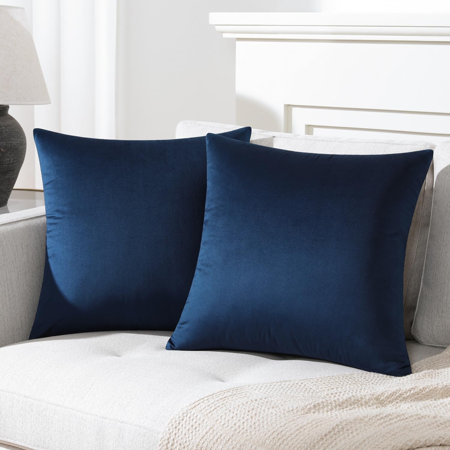 Mixhug Decorative Throw Pillow Covers, Velvet Cushion Covers, Solid Throw Pillow Cases For Couch And Bed, Navy Blue, 24 X 24 Inc