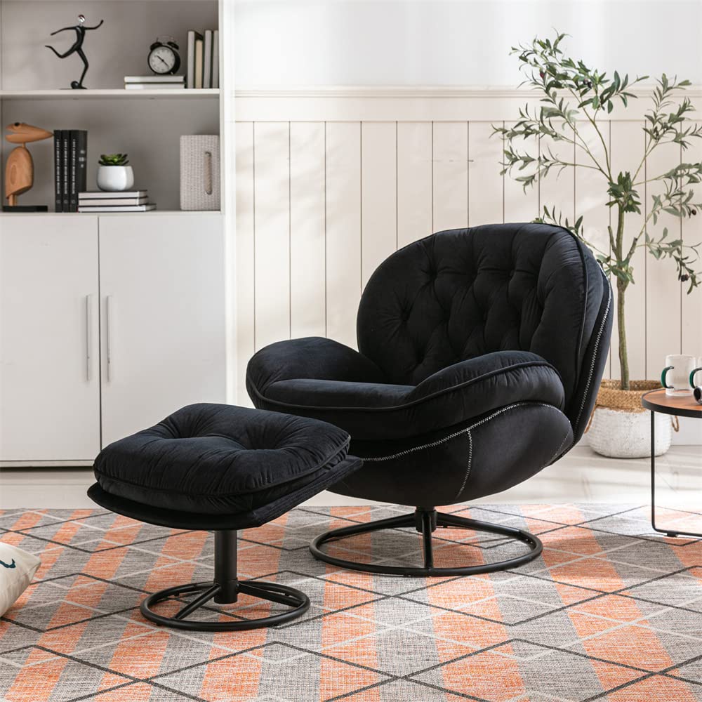 Velvet Swivel Accent Chair With Ottoman Set, Modern Lounge Chair With Metal Base Frame & Footrest, Comfortable Single Leisure So